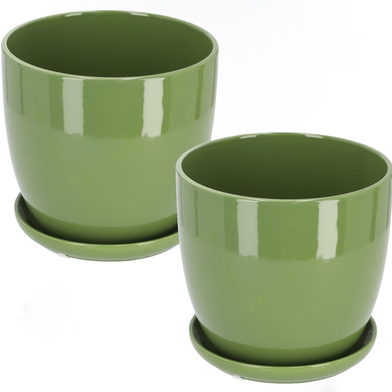 Zestaw 2 szt doniczka osłonka ceramiczna z podstawką ø12 zielona szkliwiona - KOTARBAU