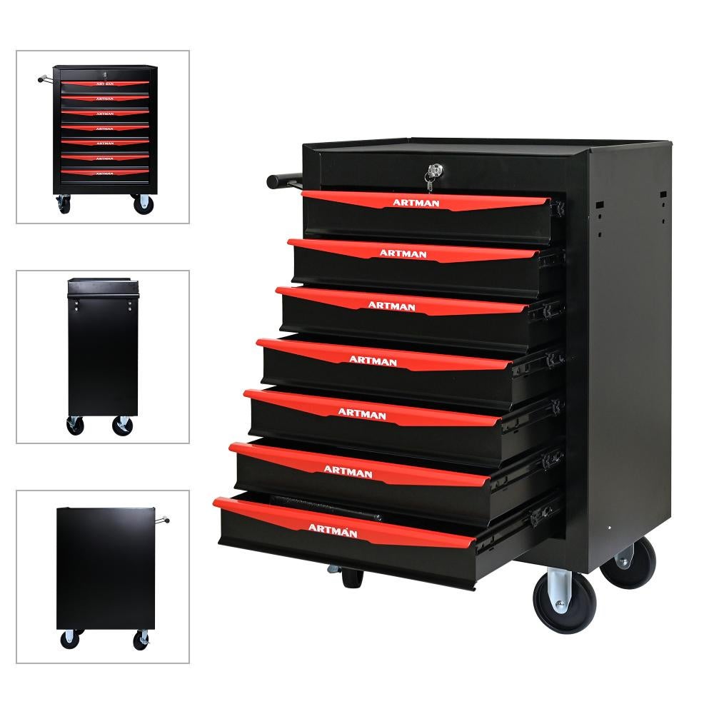 Caja de Herramientas Móvil de Metal 7 Cajones con Ruedas, Organizador de Acero Negro y Rojo con Cerradura y Guías de Bolas - 4