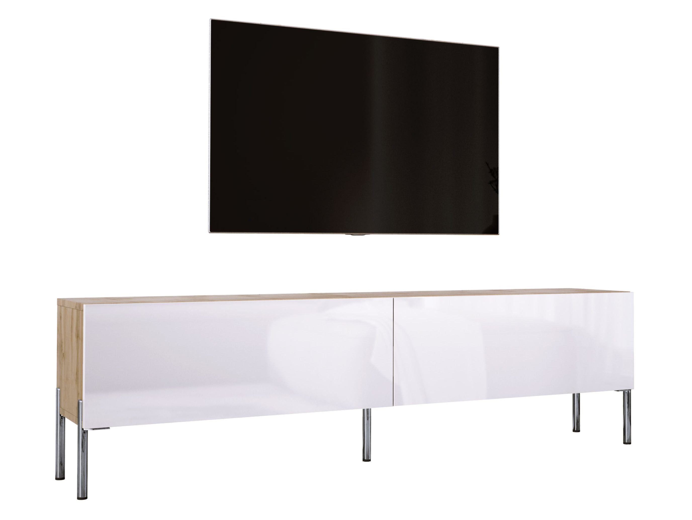 Szafka RTV : Dąb Wotan / Biały Połysk, nogi chrom, 170 x 32 x 52 cm