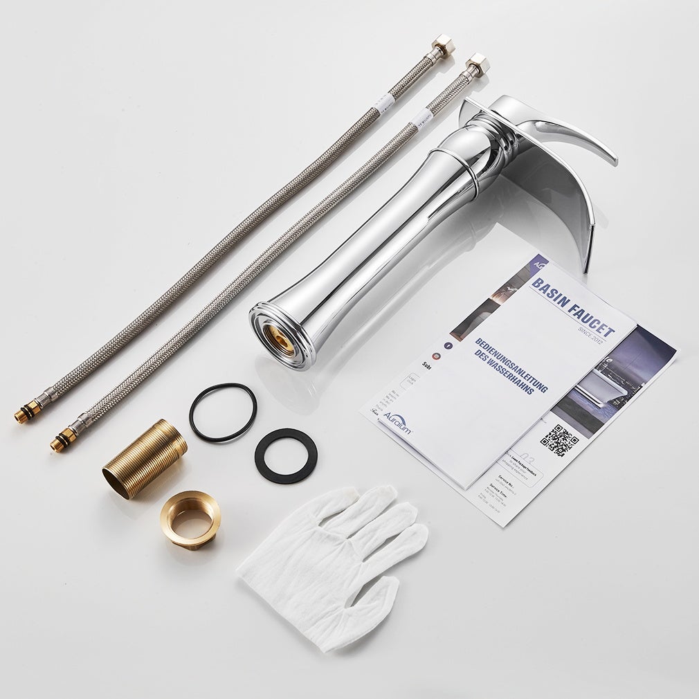 AuraLum Max 2pcs Mitigeur Lavabo Cascade Robinet Monocommand pour Lavabo et Vasque,Haute Bec pour Vasque à Poser -en Laiton,Chromé,EU Modèle - 5