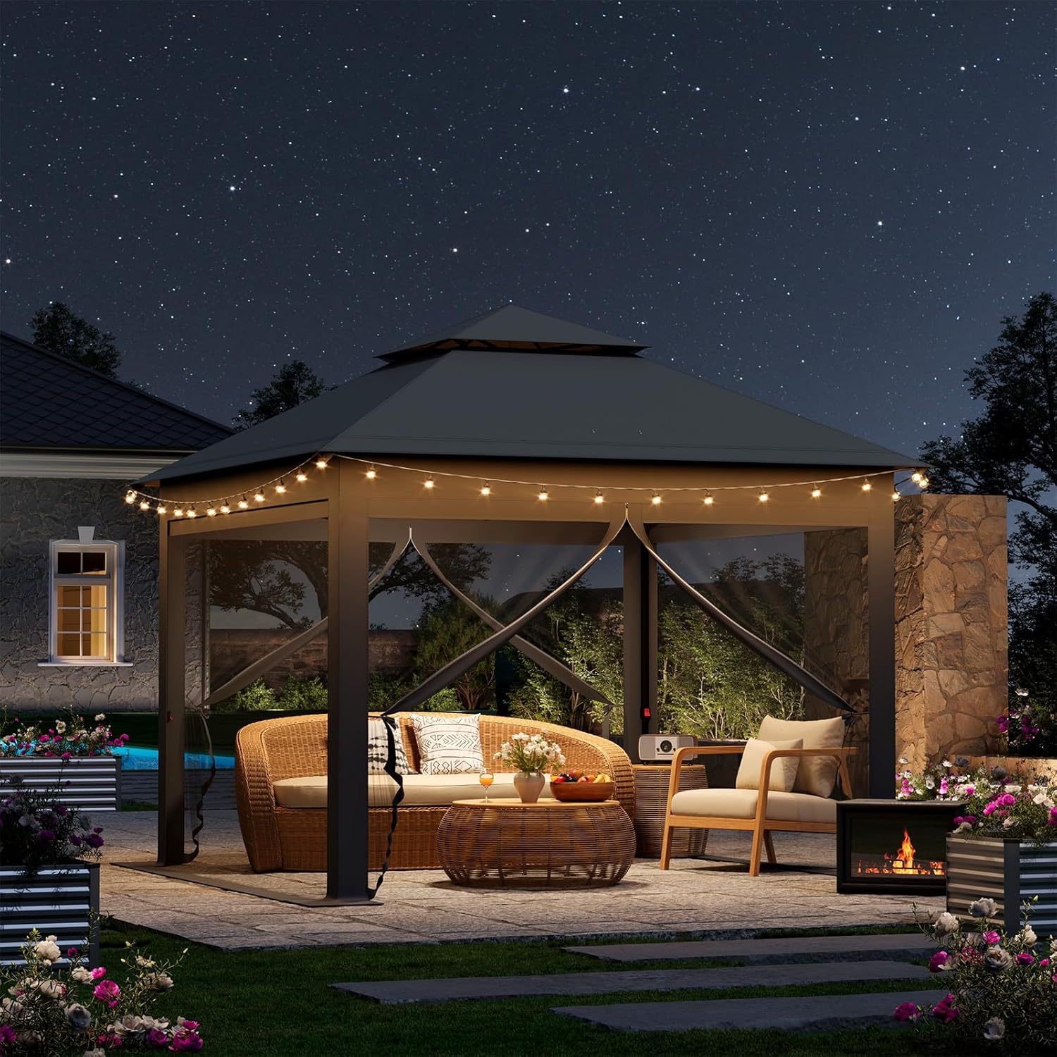 Tonnelle de Jardin Extérieur WOLTU, Tonnelle Pliante 3x3m, avec Moustiquaire Amovible, Résistant aux UV, Double Toit Imperméable, Anthracite - 3