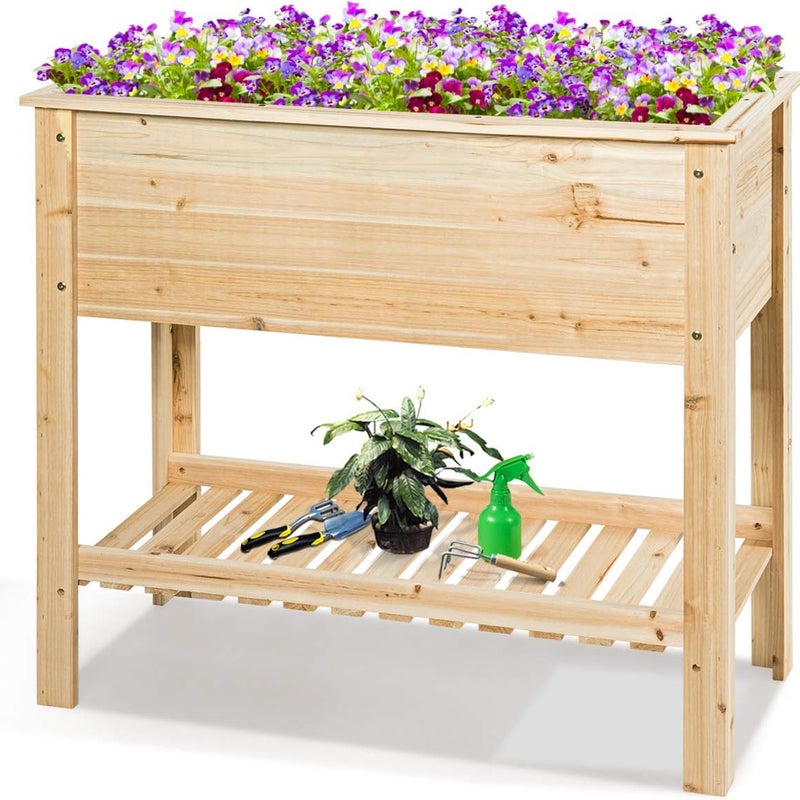 Donica Ogrodowa na Nóżkach, Prostokątna Drewniana Skrzynka na Warzywa, Zioła, Kwiaty, Podwyższona Grządka z Półką, Nośność 80 kg (91,5x40,5x80,5 cm)