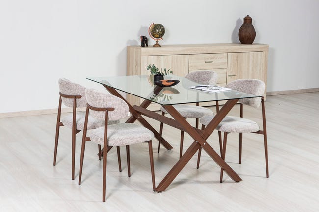 Tavolo da pranzo rotondo 136 cm piano in vetro trasparente 12 mm e gambe incrociate oro Tavolo da pranzo rotondo 136 cm piano in vetro trasparente 12 mm e gambe incrociate oro