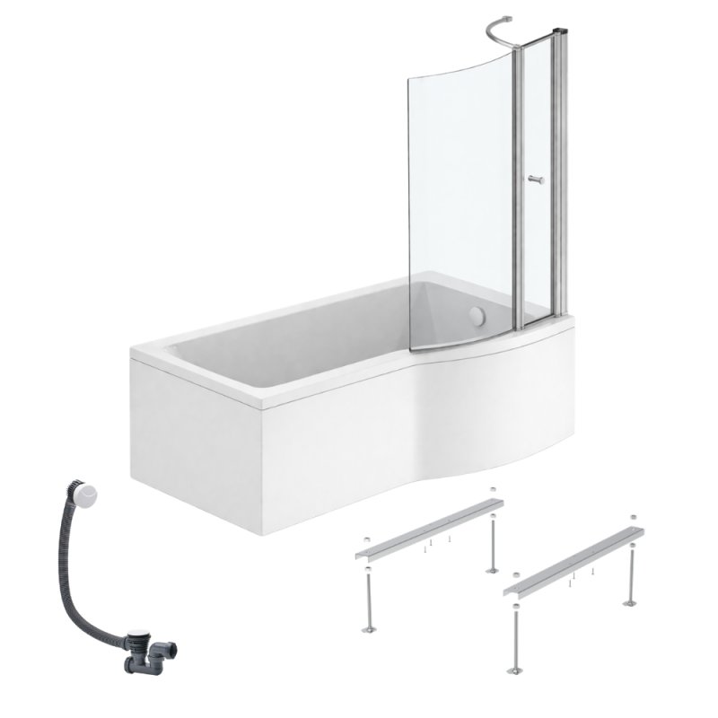 Ideal standard connect air 150 x 80 cm, conjunto para bañera/ducha derecha + delantal + mampara con panel + patas + desagüe, blanco