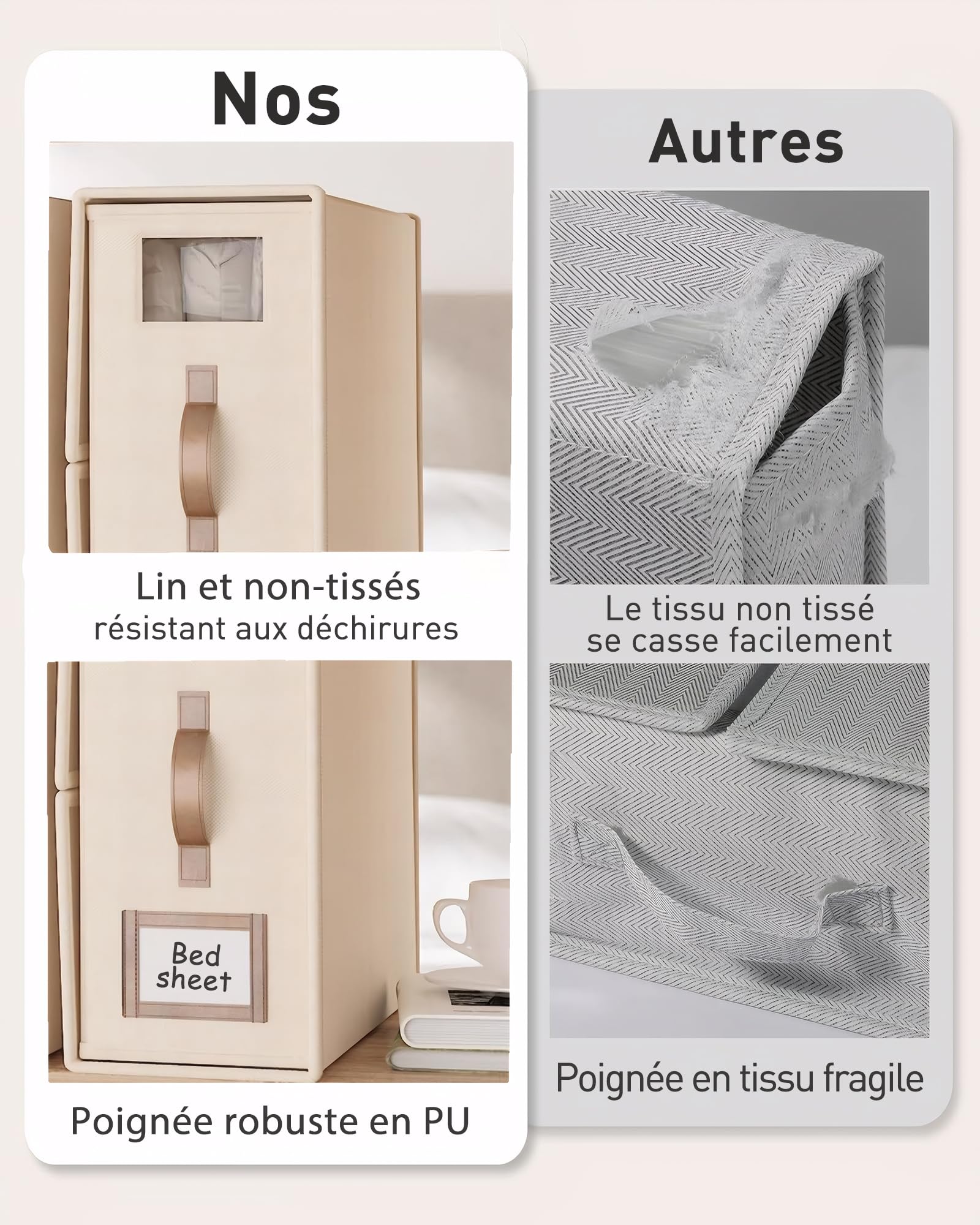 Organisateur de linge 3 en 1 - Pliant et respirant avec fenêtre transparente et étiquette pour draps,couvertures,serviettes - Couleur lin - 2