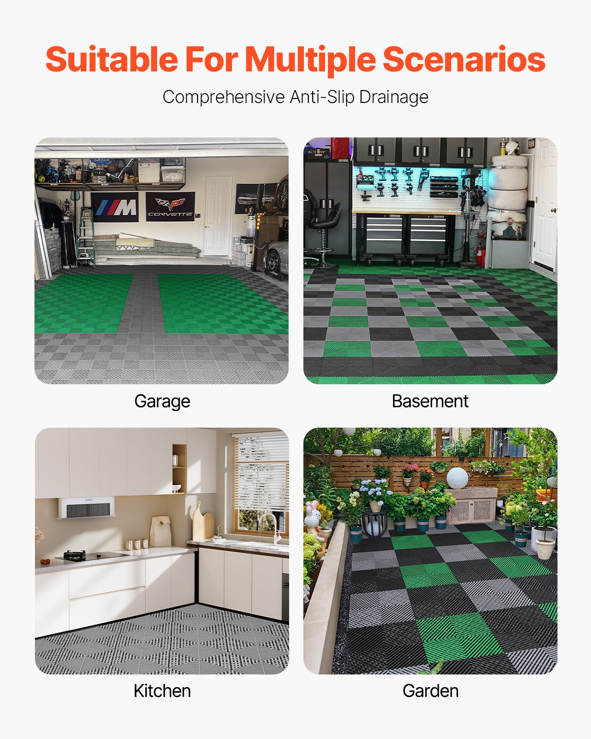 Tapis de drainage emboîtable,VEVOR 310x310 mm,55 pcs,coussin de sol PP antidérapant gris,dalles modulaires pour garage,jardin,cuisine - 6