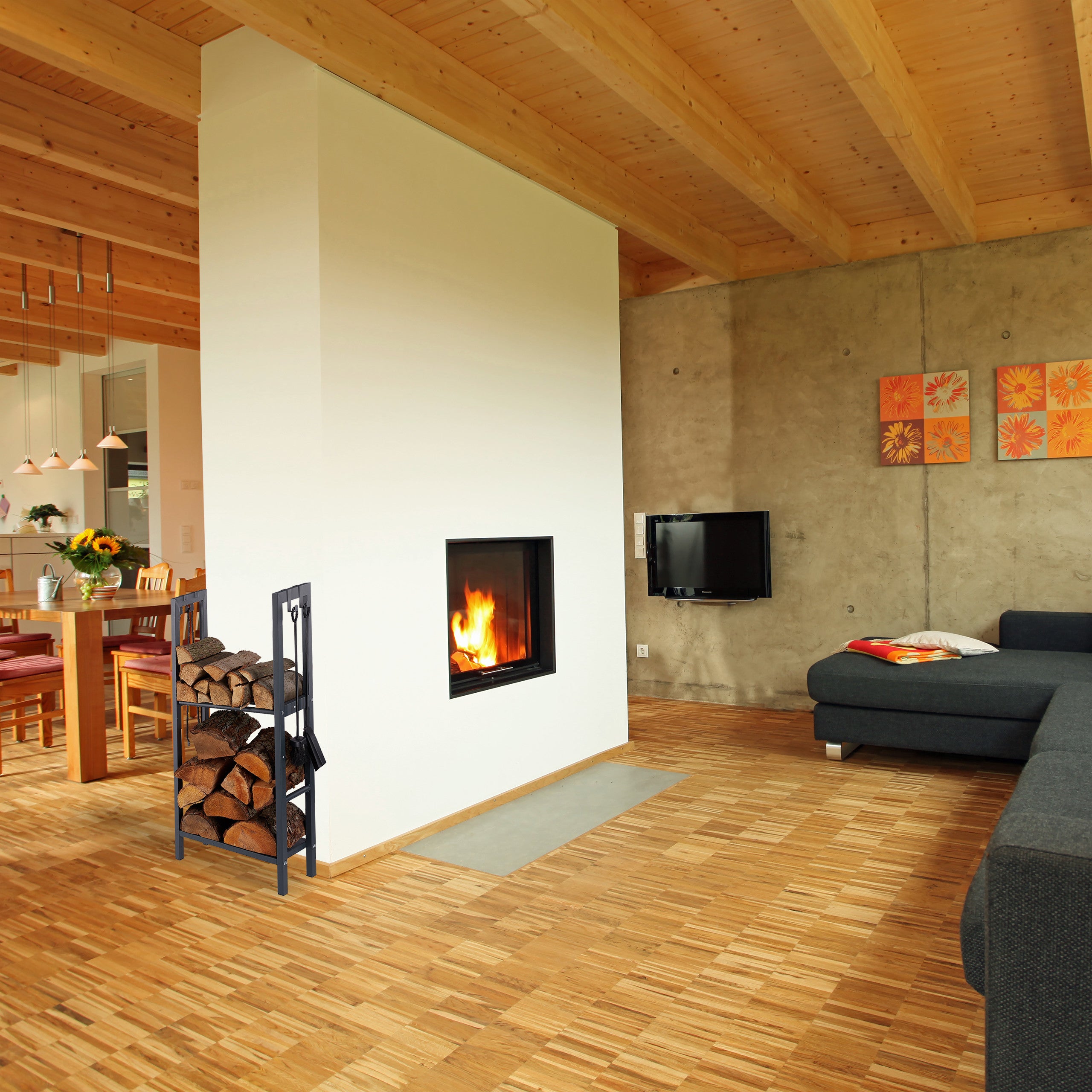 Etagère Cheminée 100x60x30 cm étagère à bûches 2 niveaux bois porte-bûches range buche 4 crochets, anthracite, Relaxdays - 2