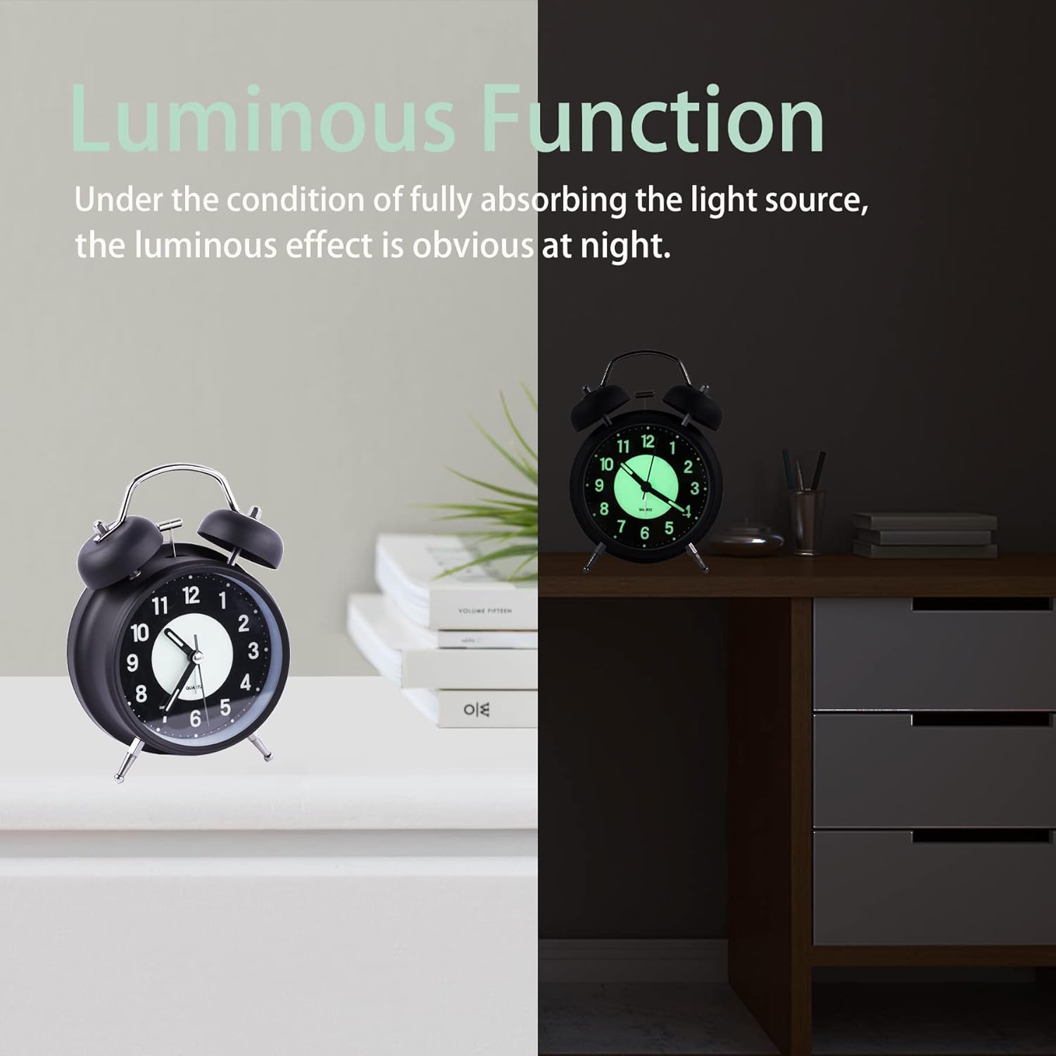 Réveil lumineux 4 pouces, réveil rétro analogique à quartz à double cloche sans ticket avec alarme sonore et veilleuse, boîtier en métal (noir) - 2