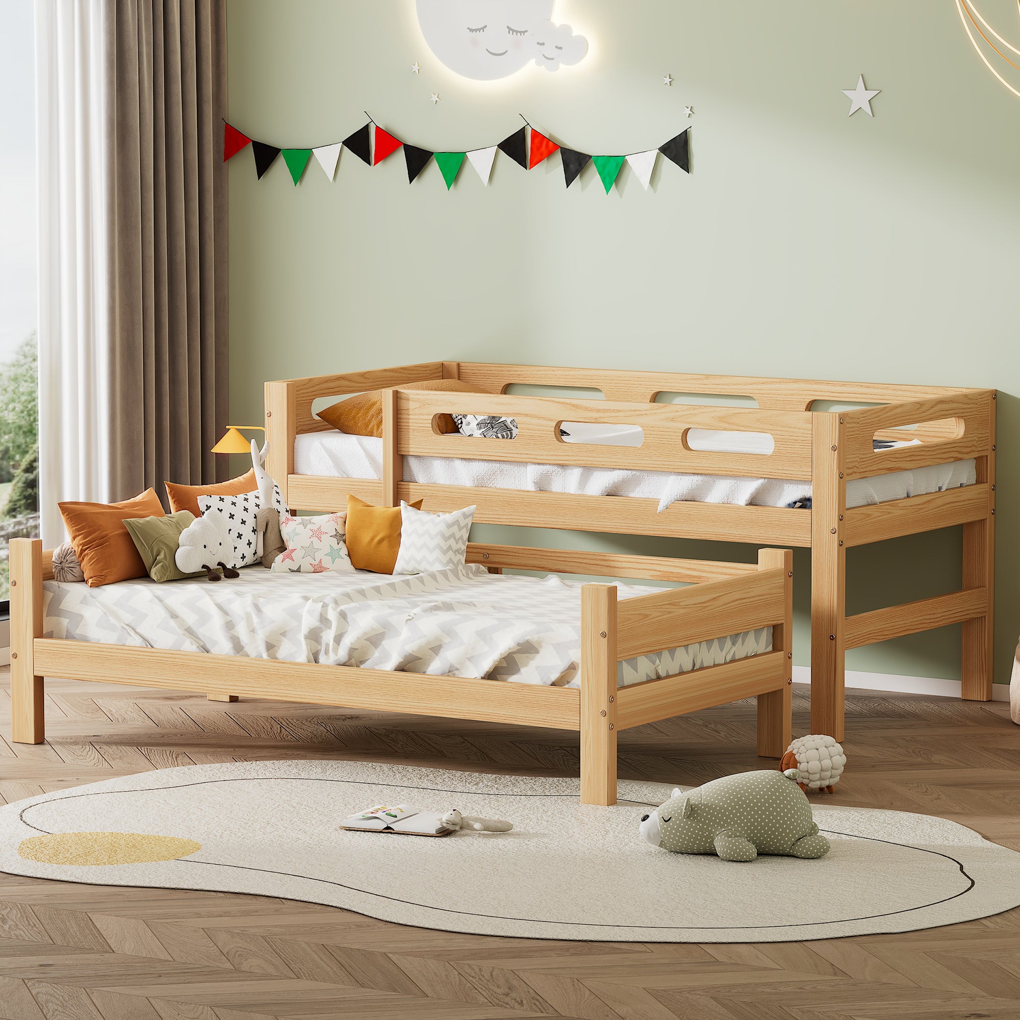 Lit superposé 90x200cm en pin massif - divisible en 2 lits simples - Naturel - 2