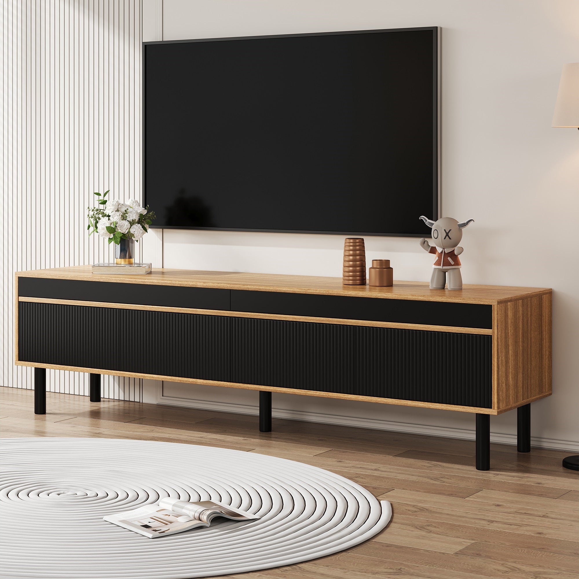 Szafa pod TV 170x38x47,7 cm - 3 drzwi - MDF + płyta wiórowa - naturalny + czarny