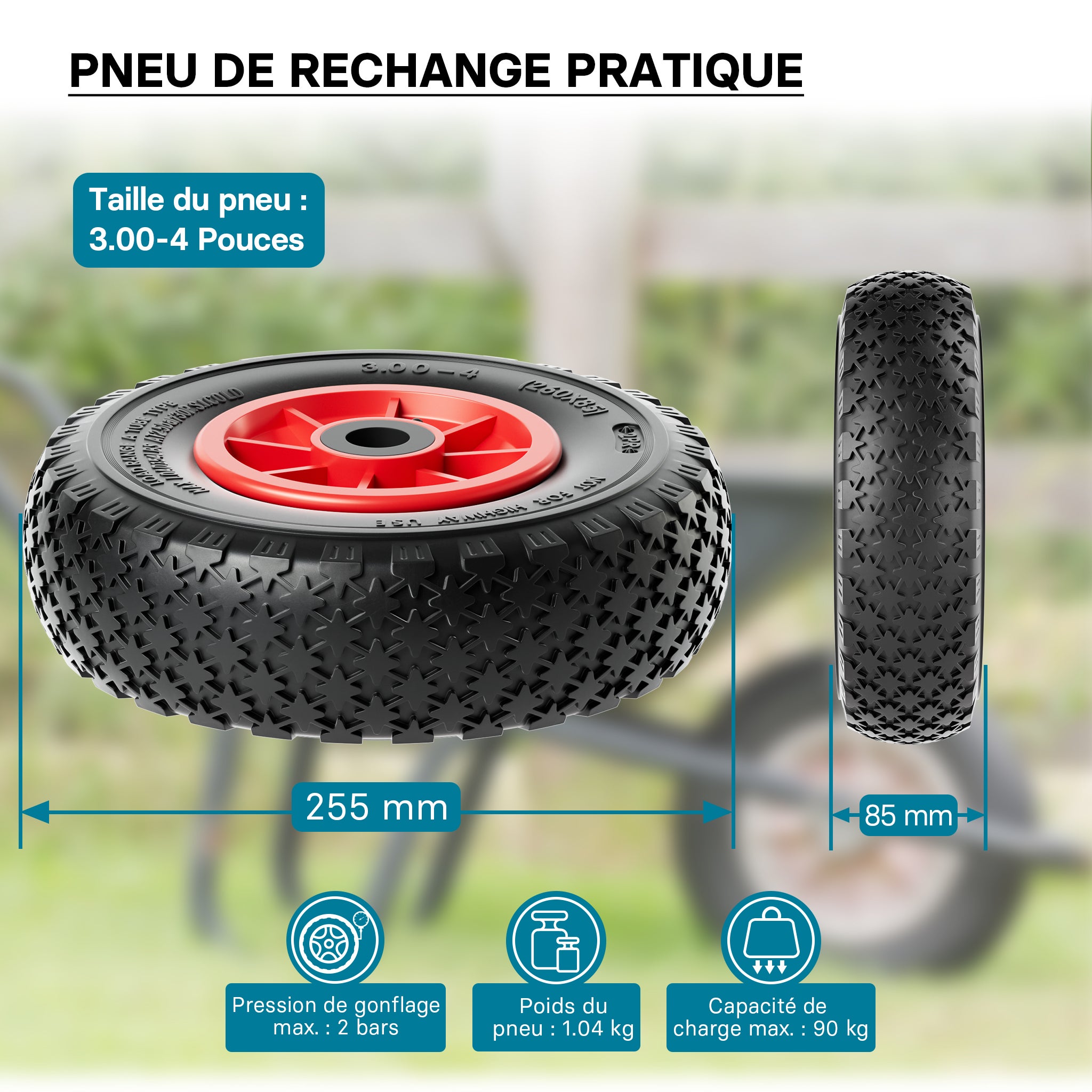 Roue complète 3.00-4 pour Diable – 255 x 255 x 85 mm – Avec Chambre à air et Jante – Valve coudée TR87 – capacité de charge max. 90 kg –… Wiltec - 4