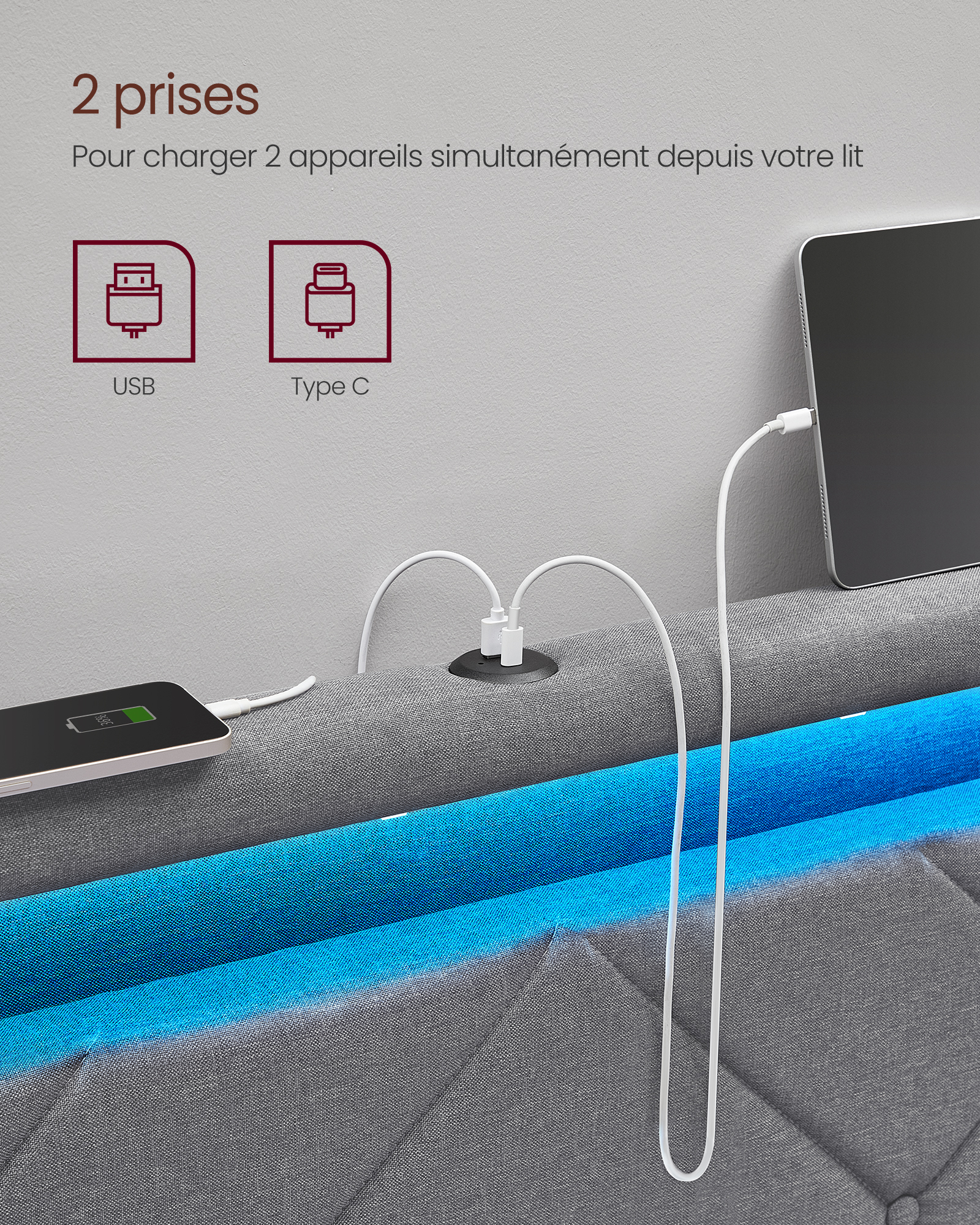 VASAGLE Lit Double, Cadre de Lit, Lit Coffre 140 x 190 cm, avec LED, Lit en Métal, 4 Tiroirs, Multiprise, Gris Clair et Noir Mat - 4