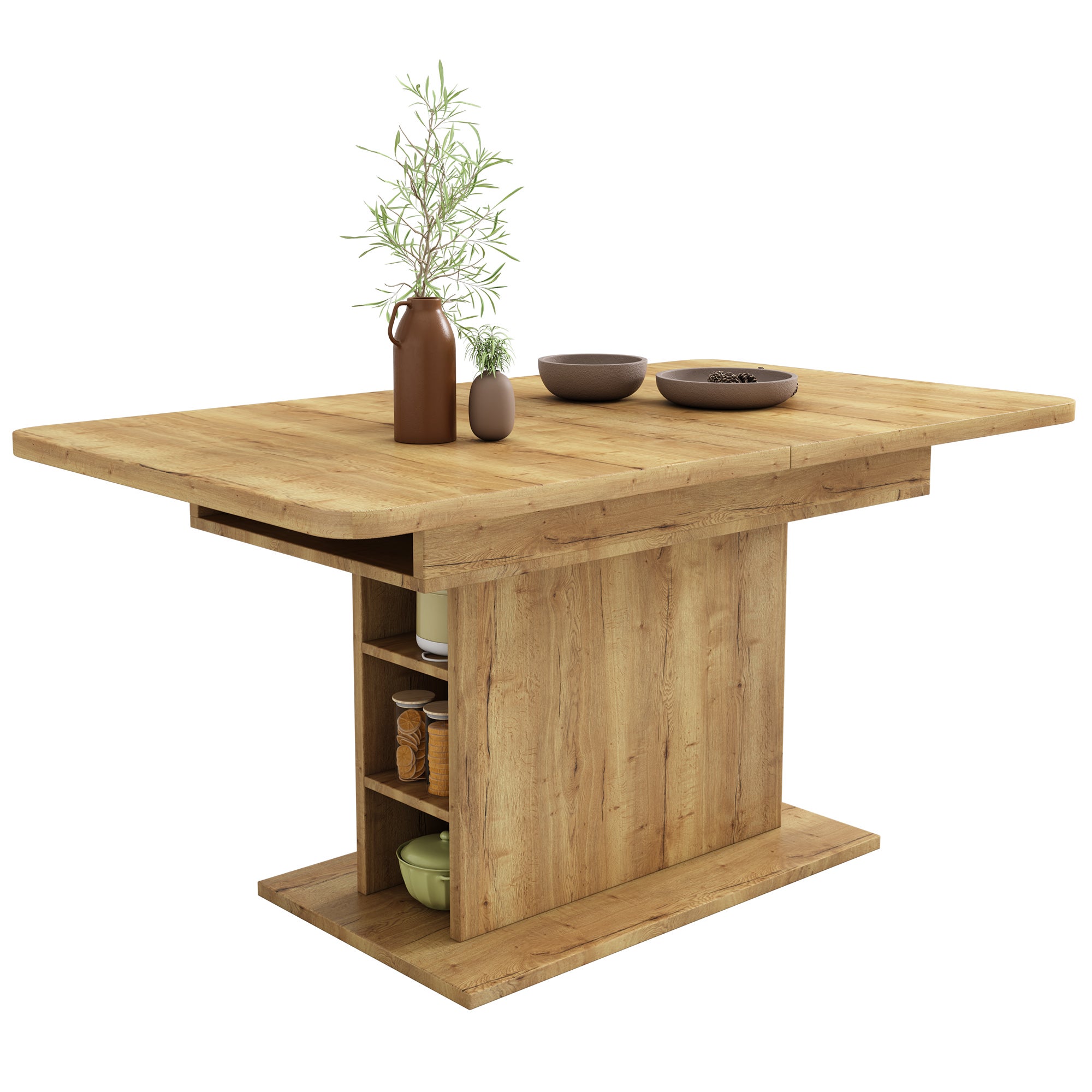 Mesa comedor extensible rectangular con almacenamiento 110x70cm hierro multifuncional acabado natural para café terraza