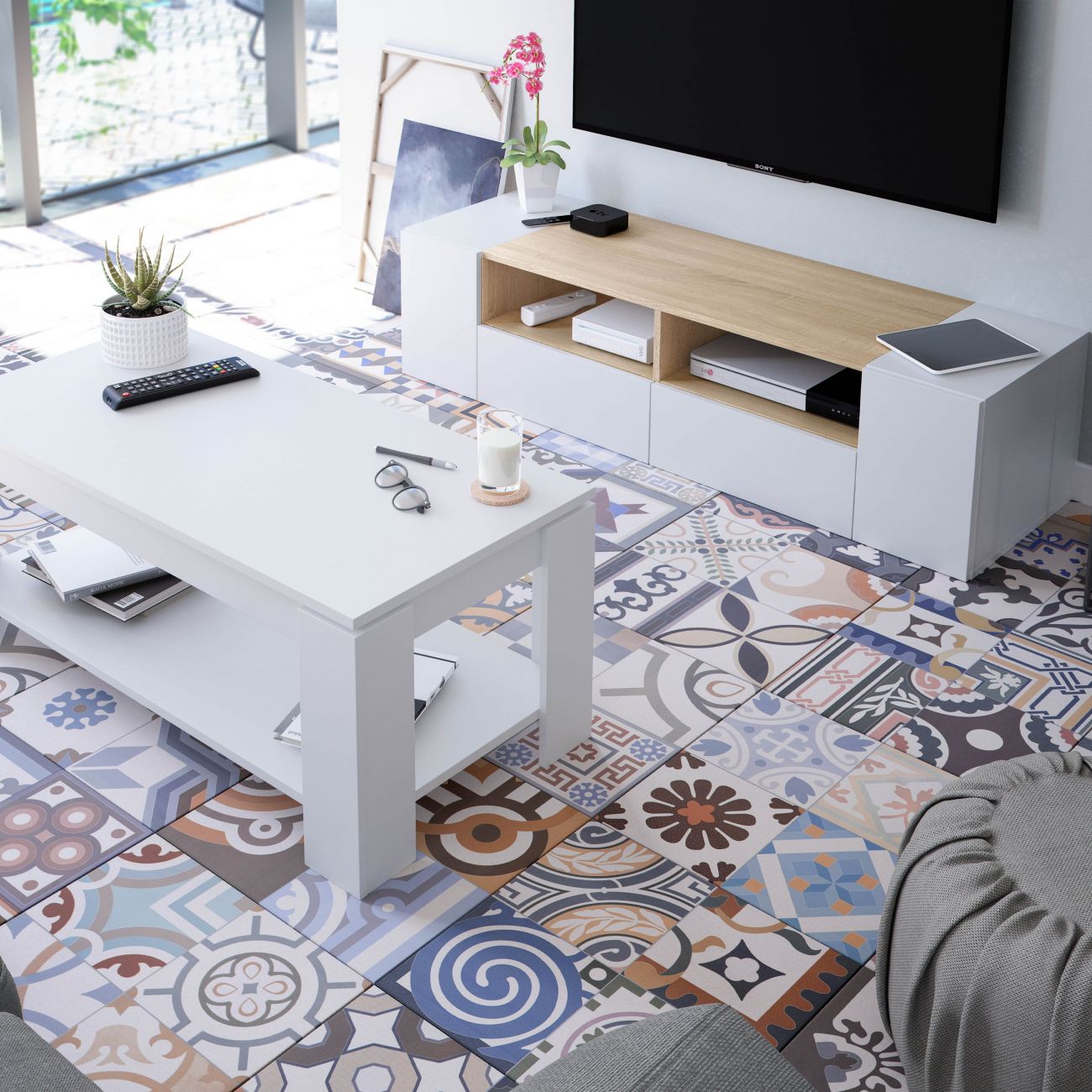 Meuble TV ALICE 4 portes et 2 niches de rangement L138cm - Blanc / Bois - 8