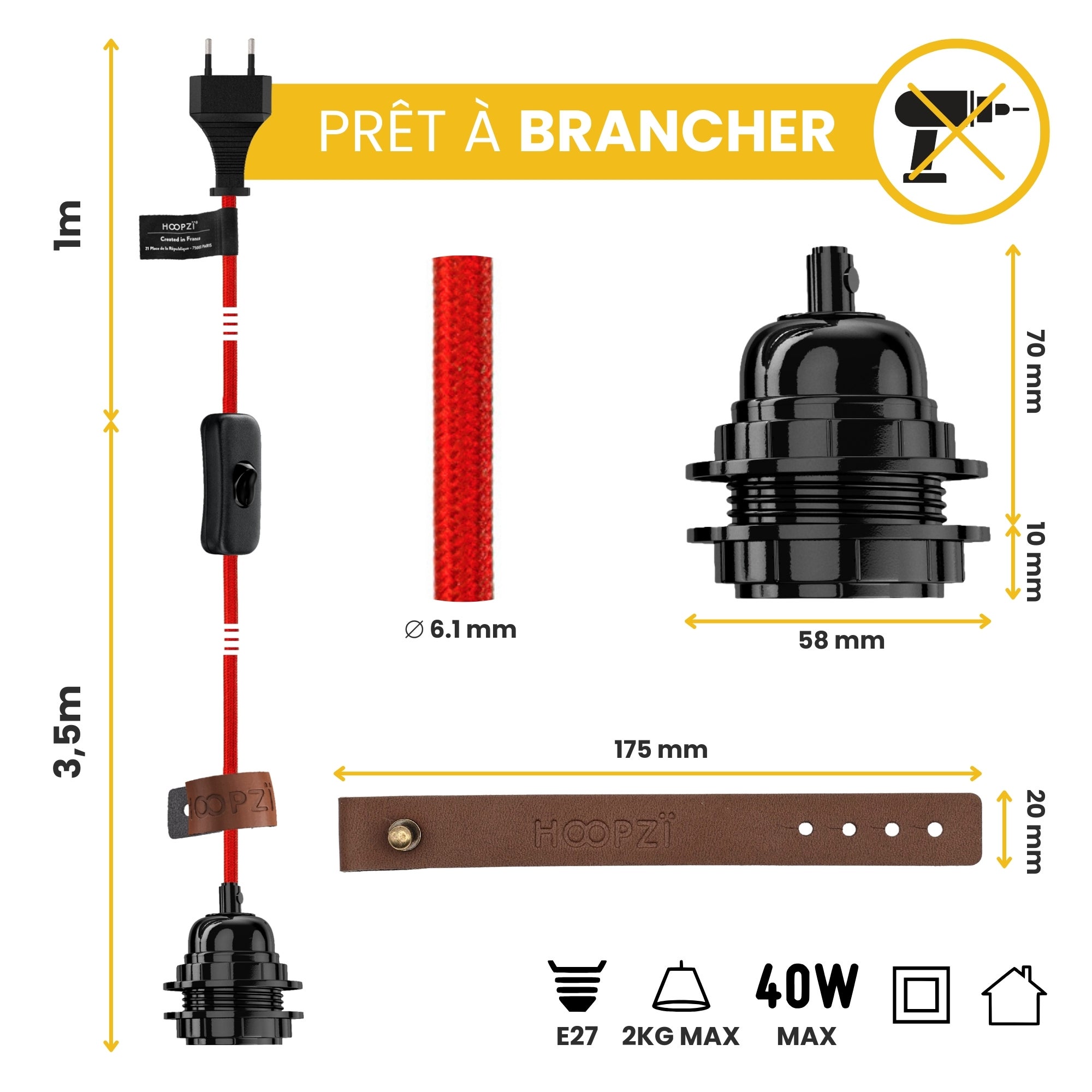 Câble luminaire orange avec prise 4,5 m - interrupteur et douille E27 - Hoopzi Bala - 6