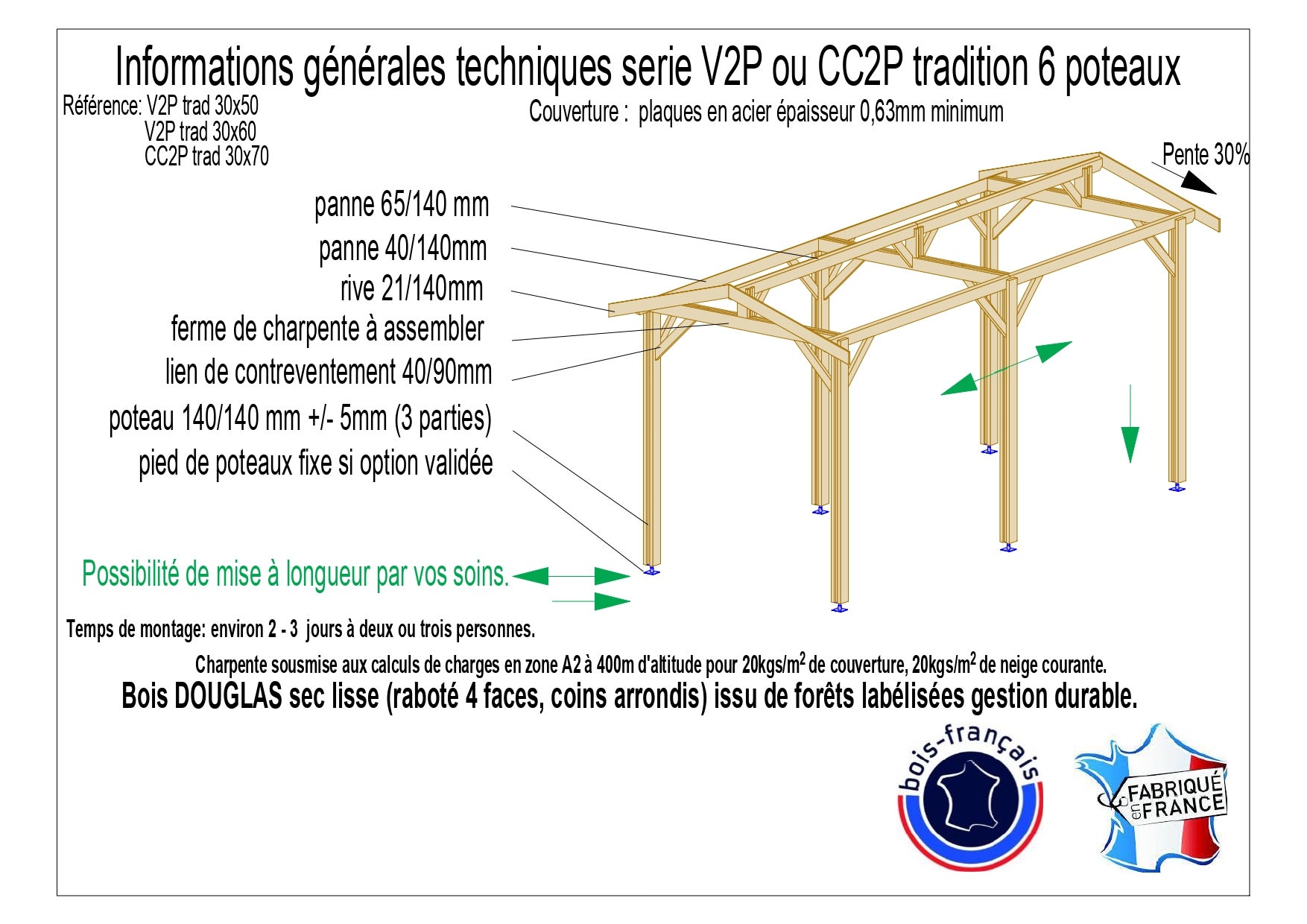 Carport bois 2 pentes en bois douglas 18 m², 6 poteaux. Abri voiture extérieur. Garantie 10 ans. - 3