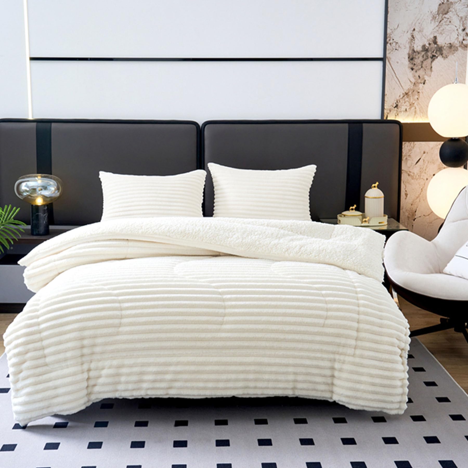 TIENDA EURASIA Edredón Borrego Raya, Poliéster y Sherpa, Blanco