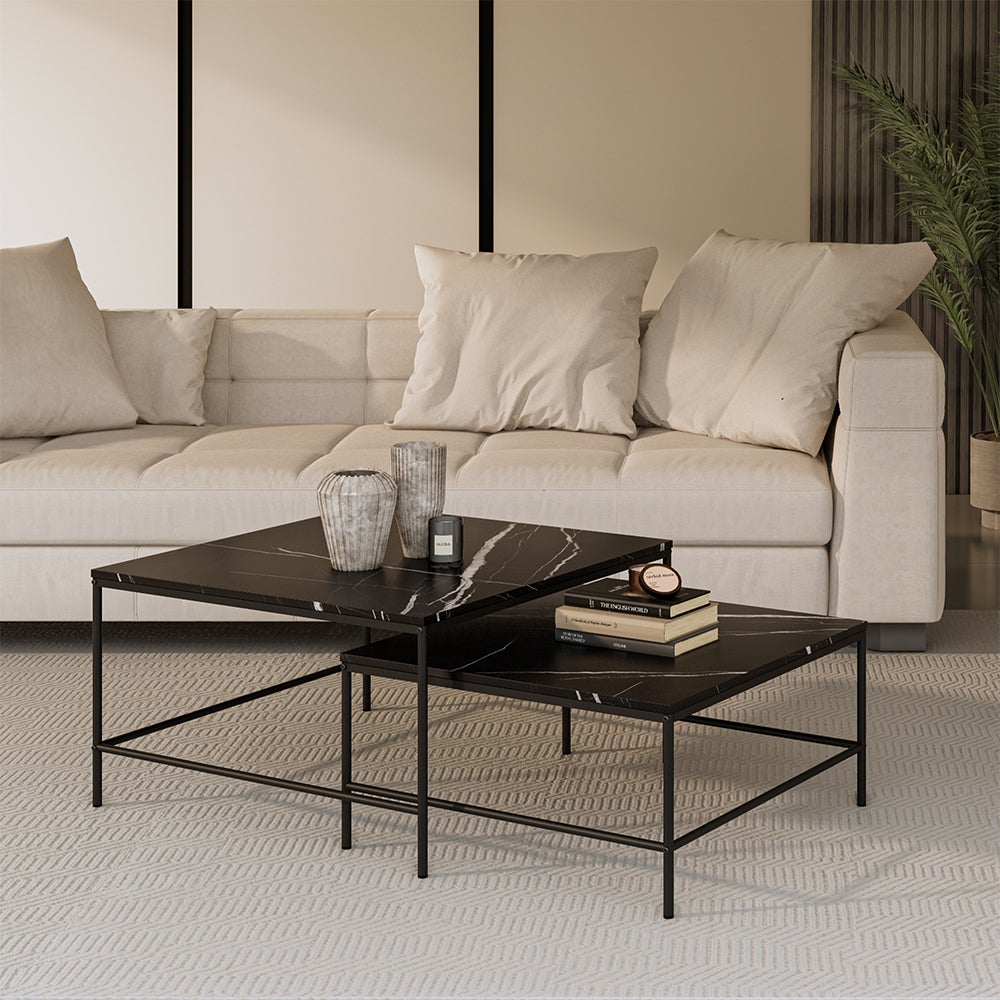 Vicco Set de tables basses Ramio, Marbre noir, 80x80cm 2 pièces - 3