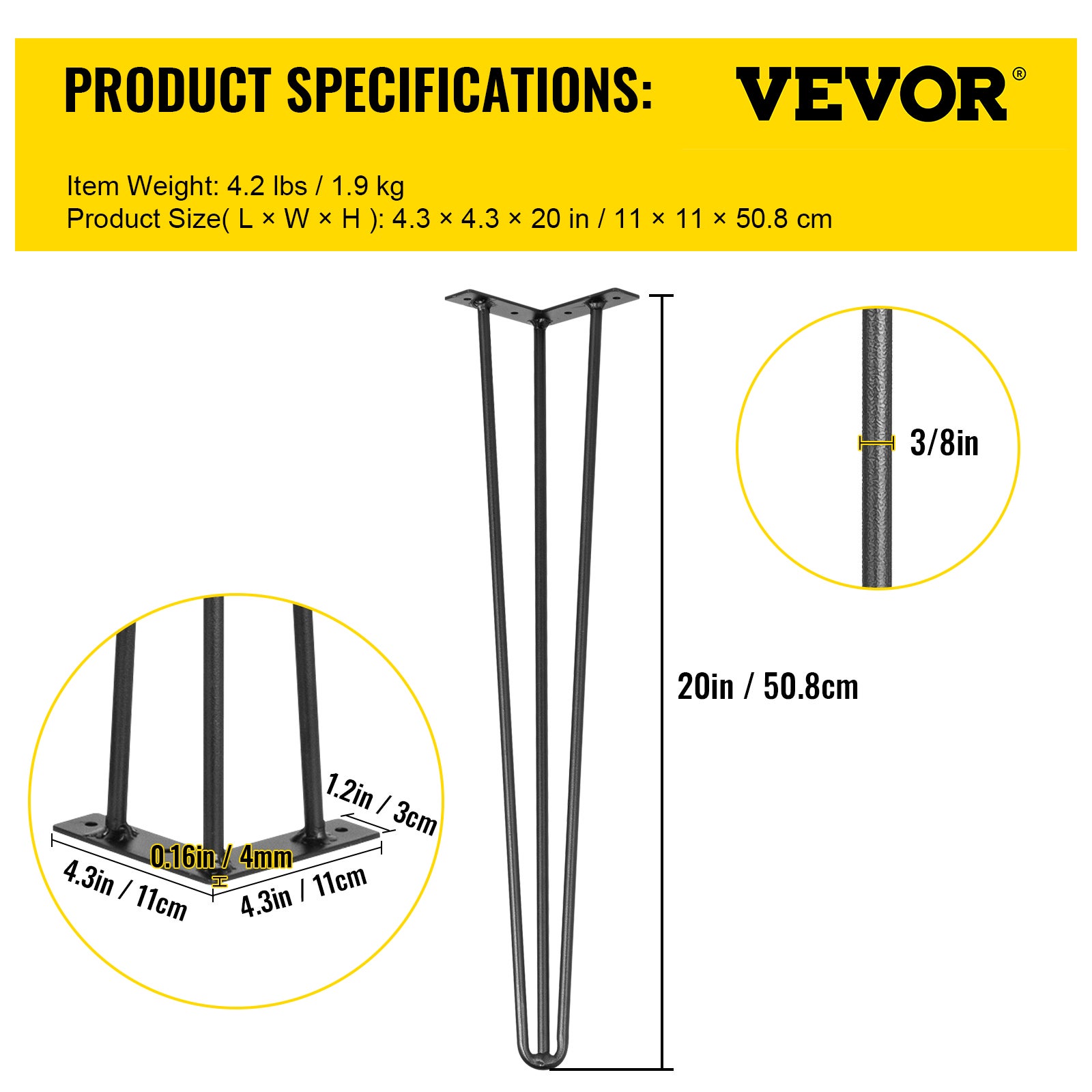 Pieds de Table Épingle 4Pcs VEVOR Acier Noir 20 Pouces 3 Tiges Robustes, Pieds de Meubles Épingle pour Table Bureau DIY Salon Cuisine - 7