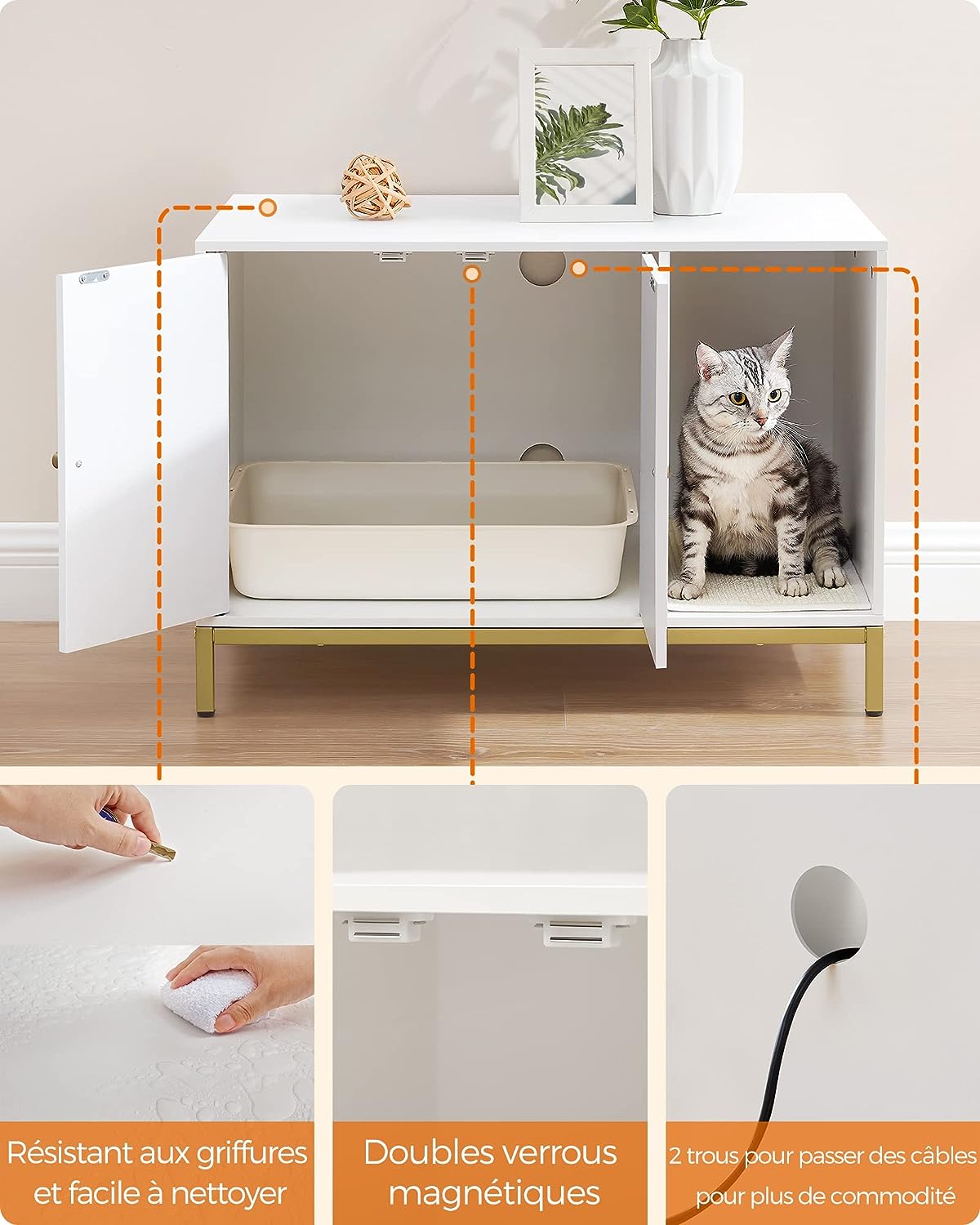 Maison de Toilettes pour Chat, Cache-litière, avec Tapis à Griffer, Pieds Hauts, Table d’Appoint, 80 x 50 x 55 cm, Blanc et Doré - 4