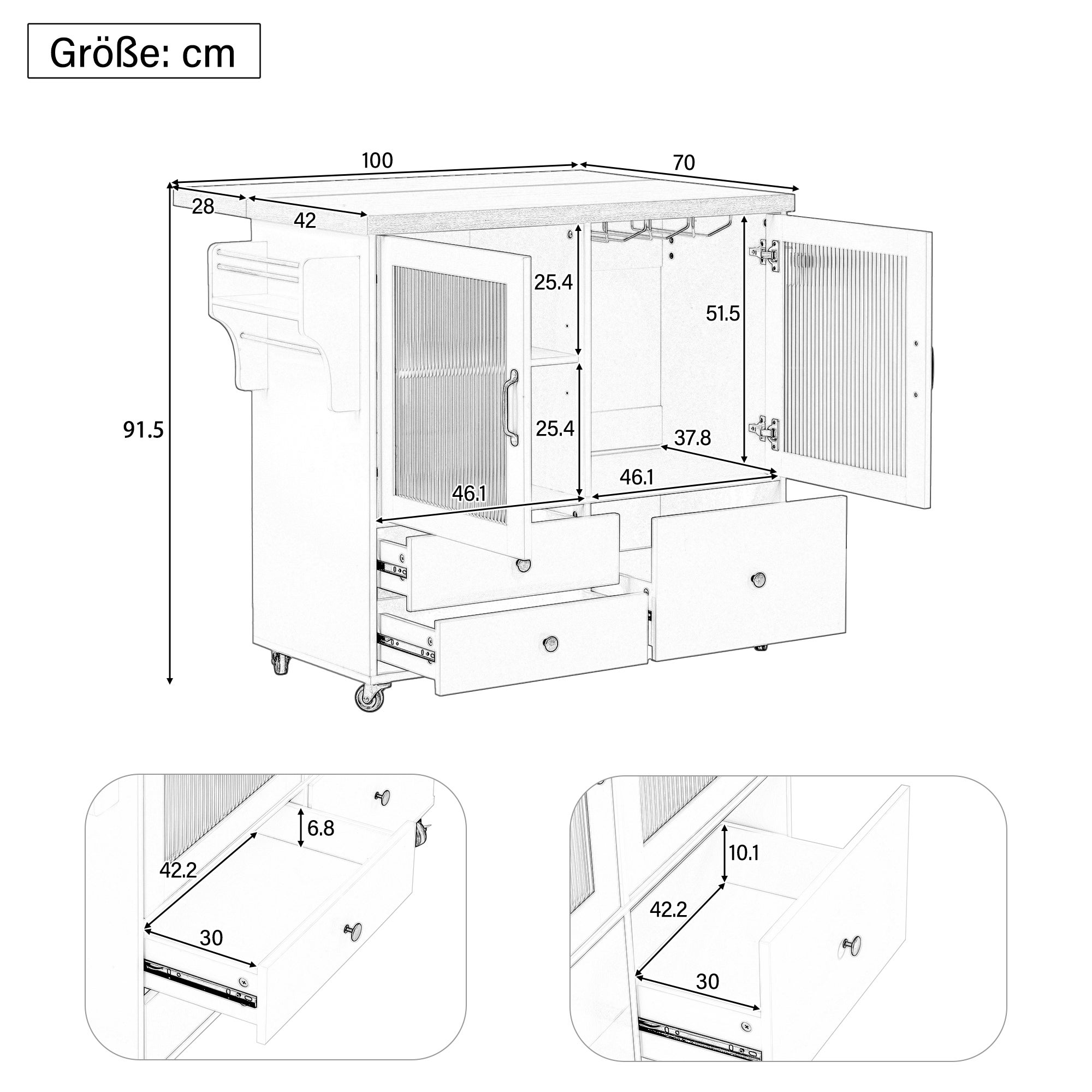 Mobilna wyspa kuchenna z 3 szufladami i 2 drzwiami - 100 x 42/70 x 91,5 cm - MDF - Rozkładany blat - Czarny + naturalny - 5