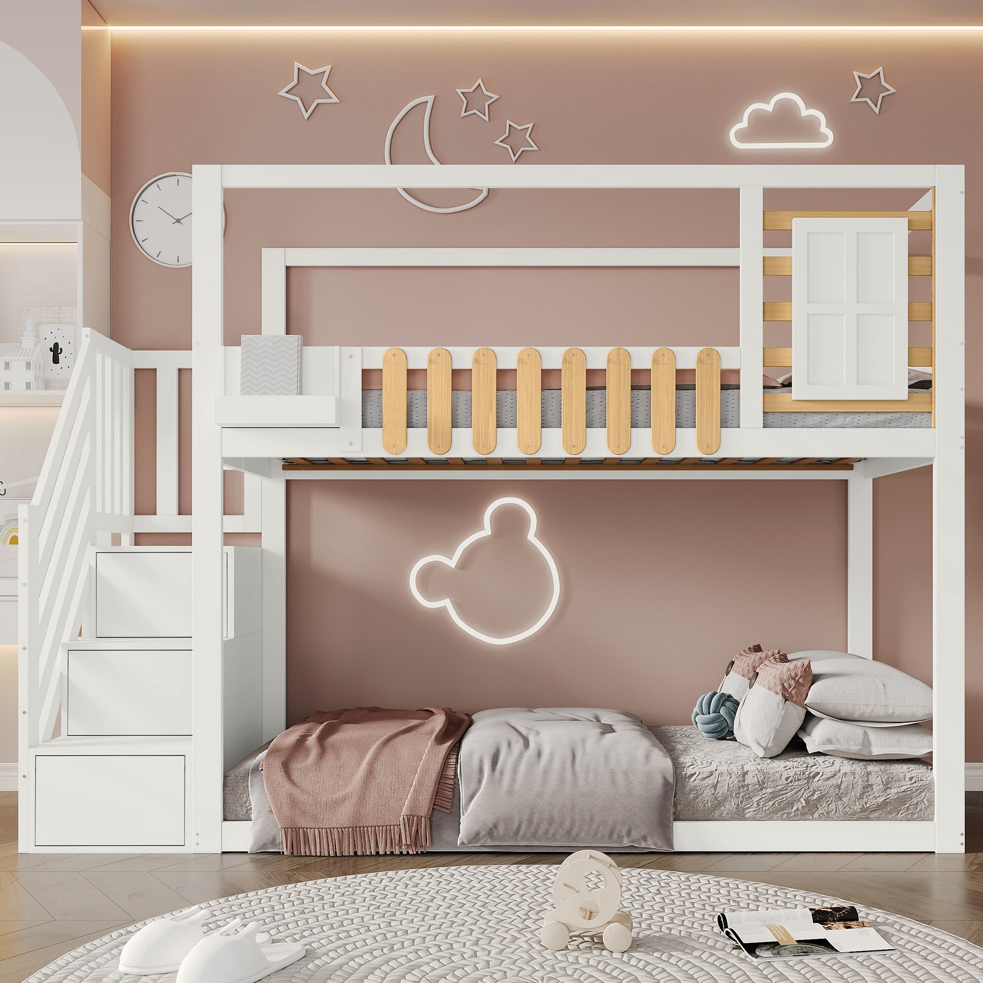 Leroy Merlin Literas Juveniles 90 X 200 Cm,Cama Infantil ,Cama Juvenil,Con Taquillas Y Estantería, ,Con Escalera Y Barrera De Seguridad, Pino, Blanco 