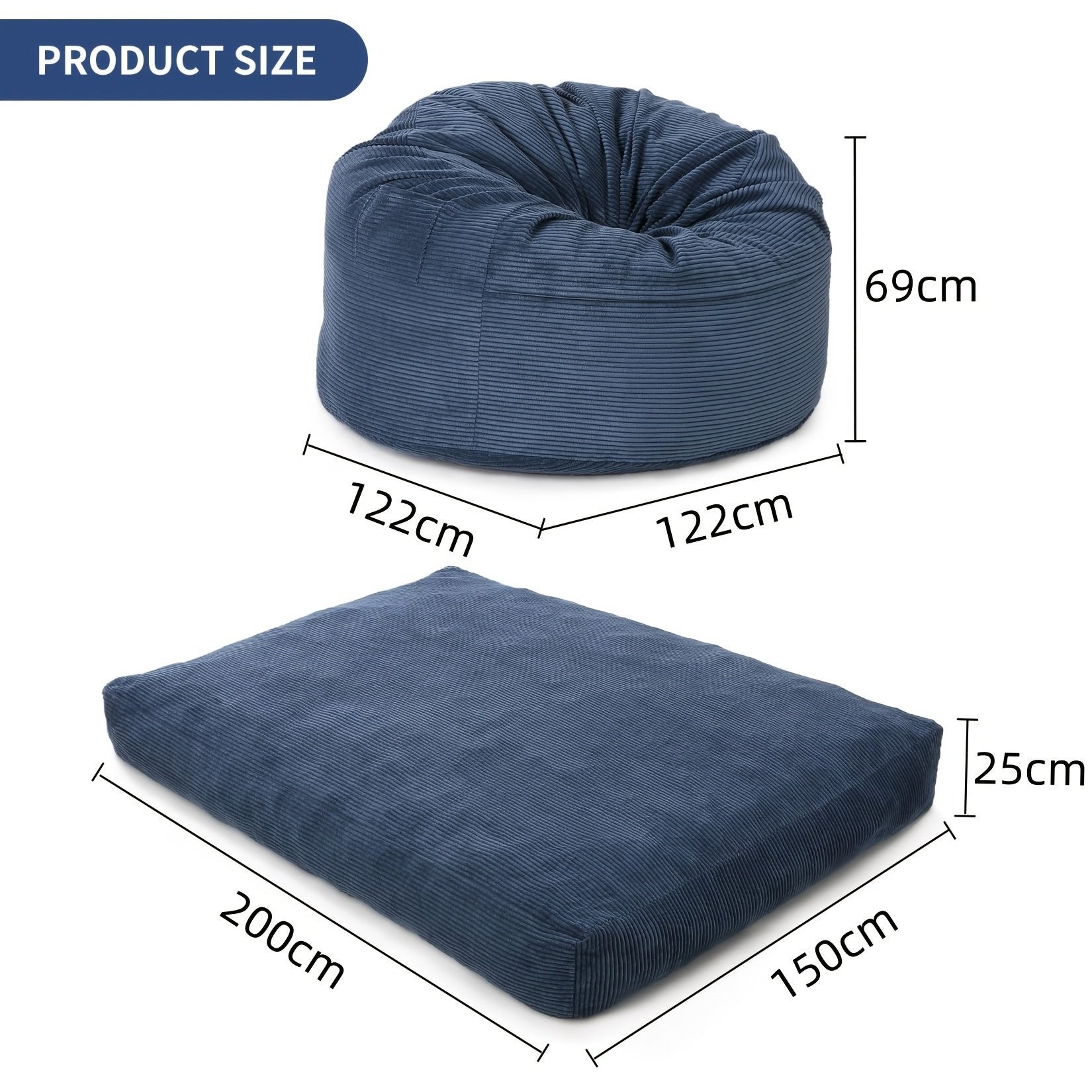 Pufe 2 em 1 conversível em veludo cotelê, sofá-cama lavável à máquina, colchão de chão acolchoado, 200 x 150 x 25 cm, azul - 3