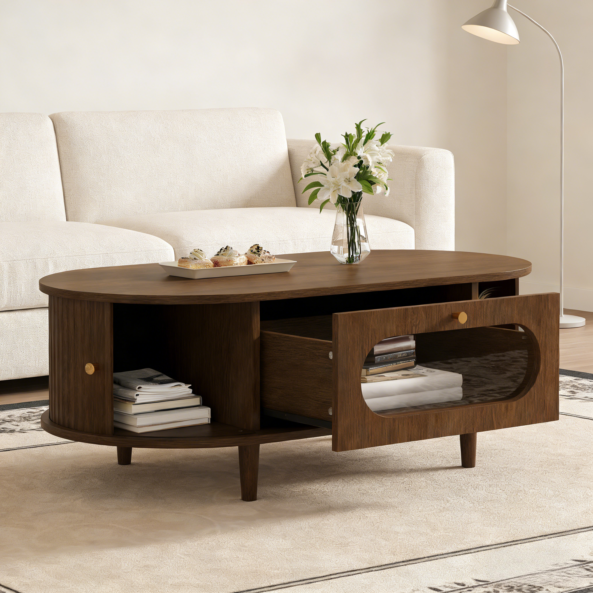 Modernluxe  Mesa De Centro 100X50x36 Cm En Chapa De Nogal, 1 Cajón Y 2 Puertas Correderas, Mdf, Marrón , Leroy Merlin