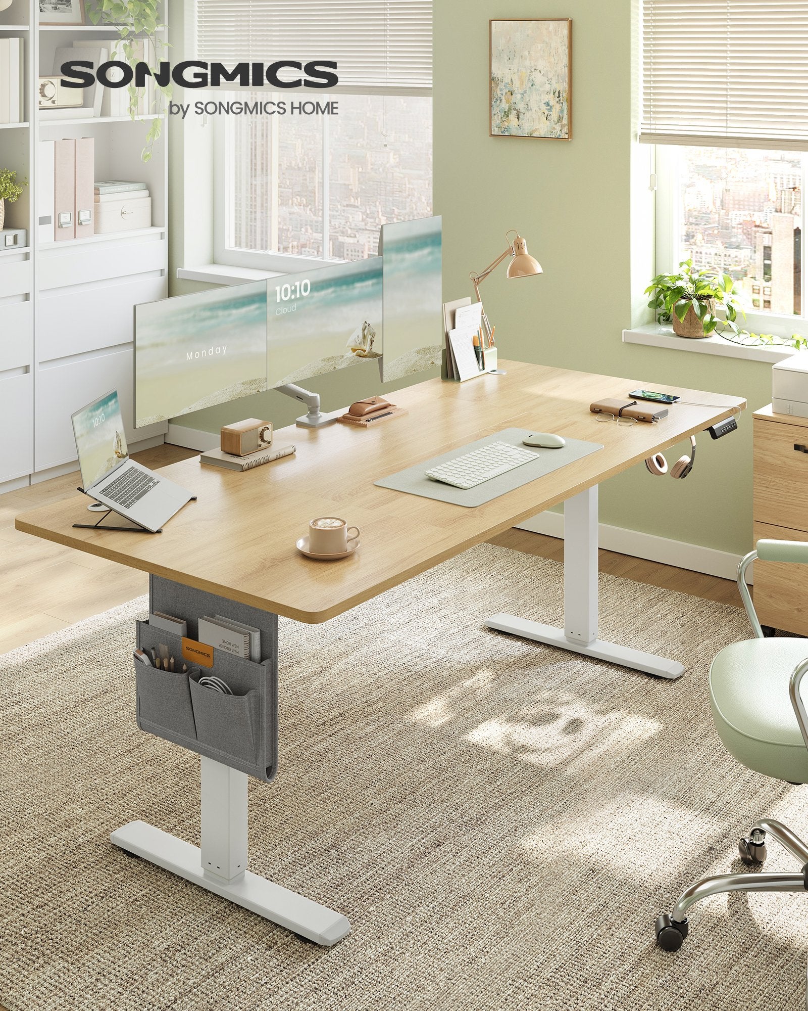 Bureau Électrique Réglable en Hauteur, 180 x 80 cm, Fonction Mémoire 4 Hauteurs, Port USB-C, Organiseur, pour Télétravail, Doré Chêne - 2