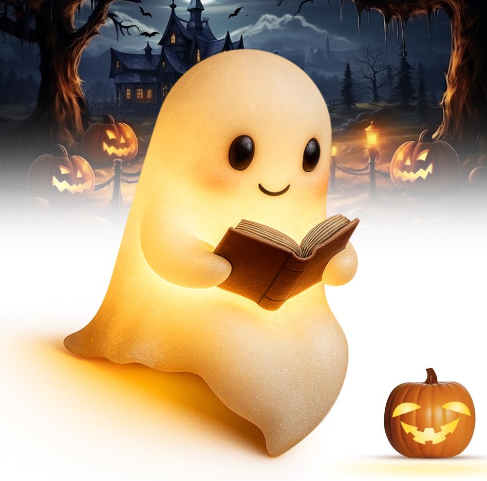 Uniwersalna lampka nocna na Halloween dla dzieci, 3D siedzący duch na Halloween, mała lampka nocna LED (14 cm)