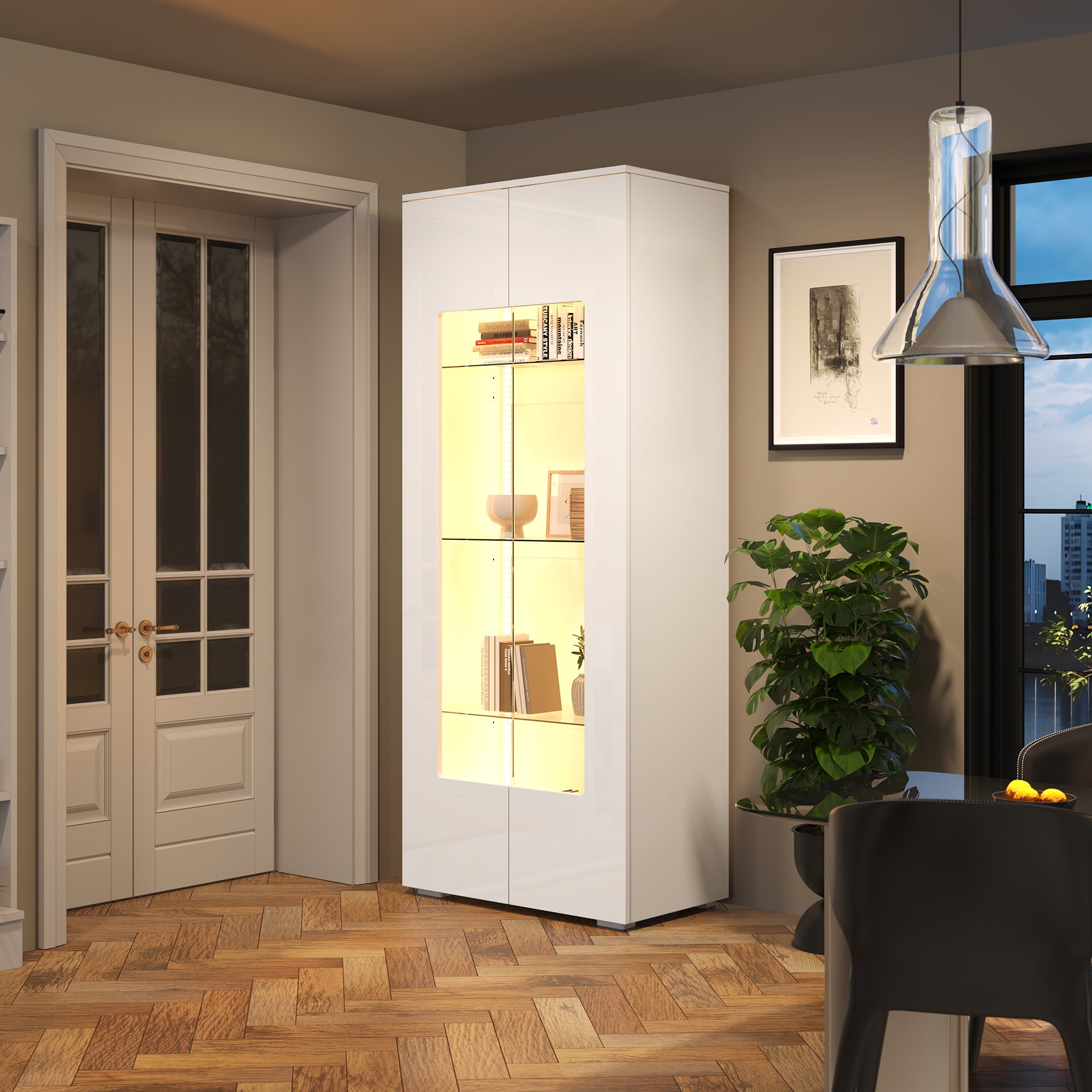 Witryna z 2 drzwiami akrylowymi, wysoka komoda - 70 x 40 x 173 cm - diody LED - płyta MDF - biała