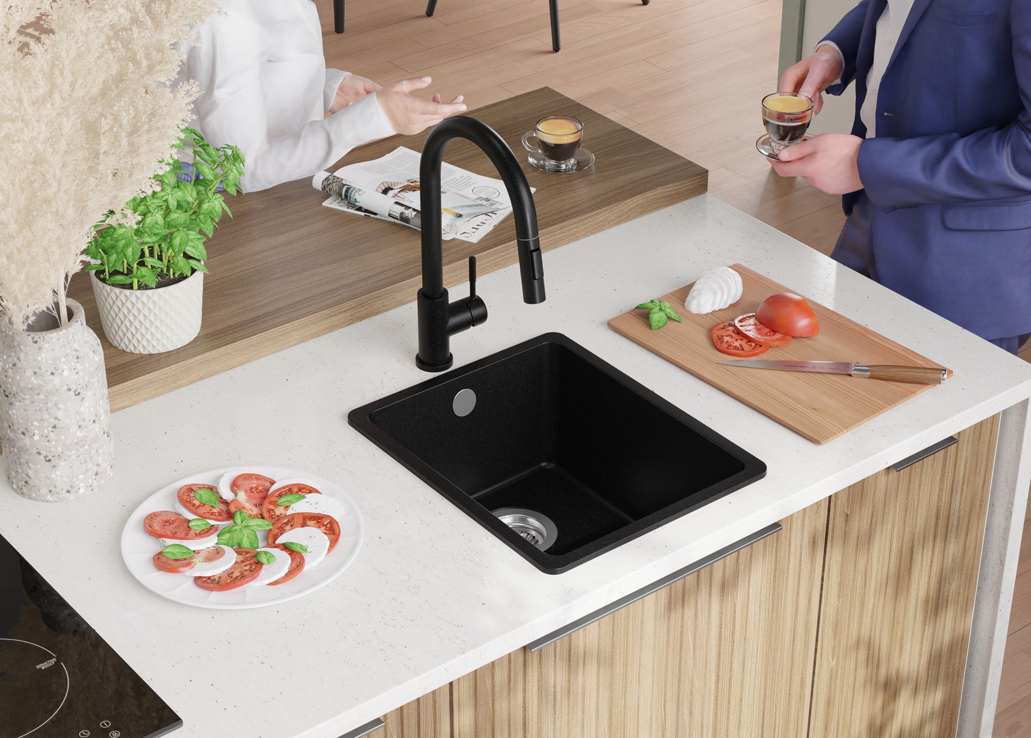 Lavandino da Cucina Nero 36x44cm, Lavello in Granito a 1 vasca + Sifone Classico + Accessori, Lavabo da Cucina Incasso al mobile 40cm PRIMAGRAN - 4