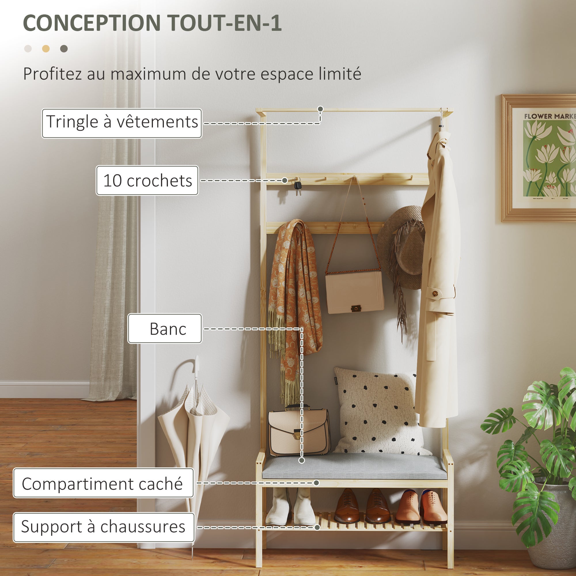 Vestiaire d'entrée Bambou HOMCOM - 4