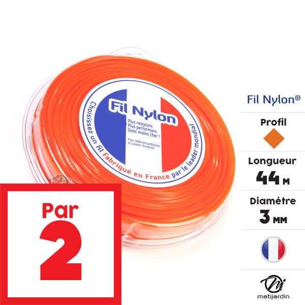 Fil nylon 3 mm x 44 m Carré Orange Blister par 2 - 2