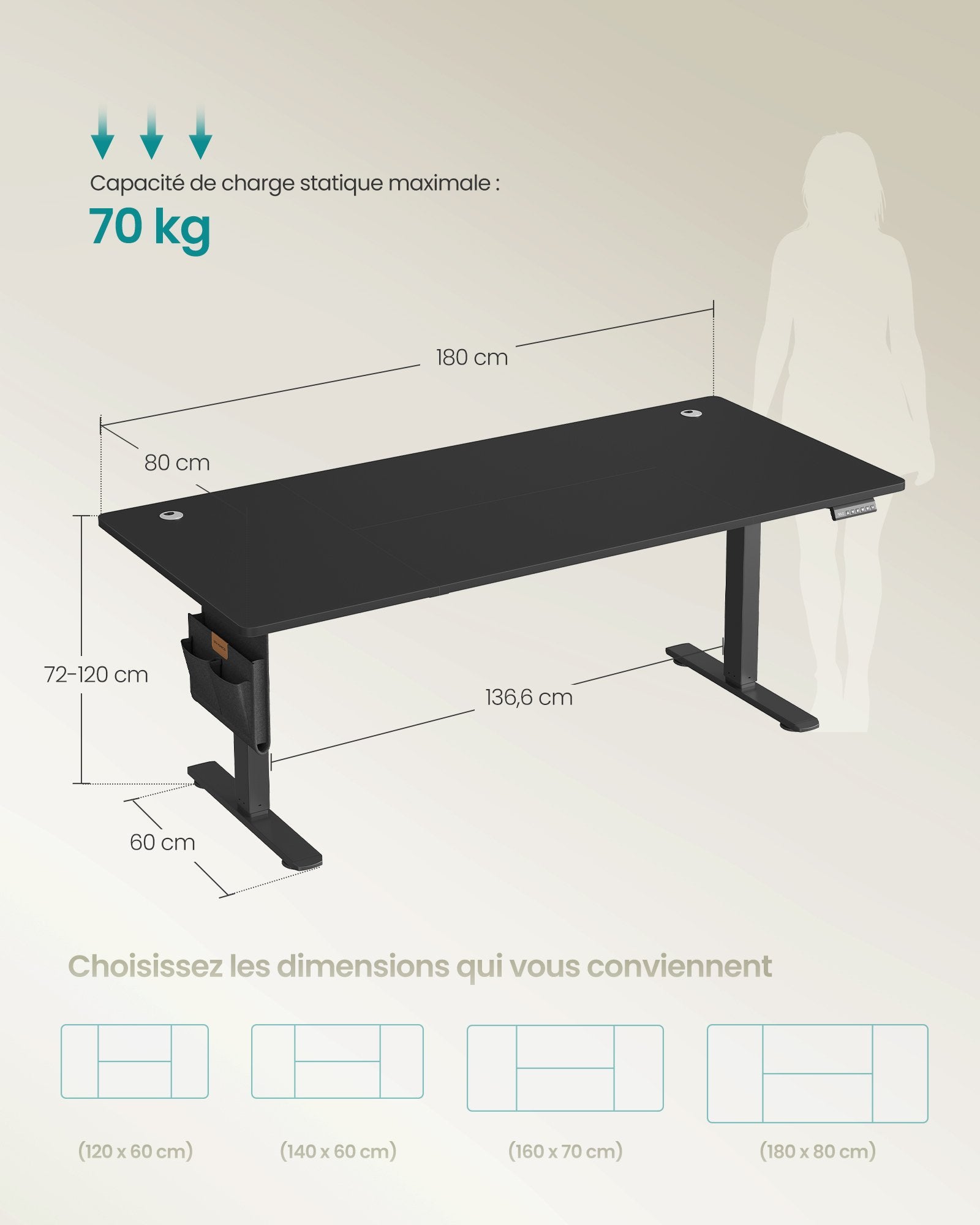 Bureau Électrique Réglable en Hauteur, 180 x 80 cm, Fonction Mémoire 4 Hauteurs, Port USB-C, Organiseur, pour Télétravail, Noir d'Encre - 5