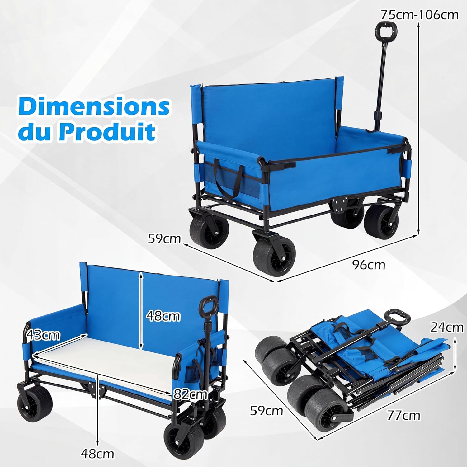 GIANTEX Chariot de Plage Pliable Banc 2-en-1, Chariot de Transport 85 L,Poignée Ajustable Poussée/tirée Coussins Doux et Roues Tout-Terrain,Bleu - 5