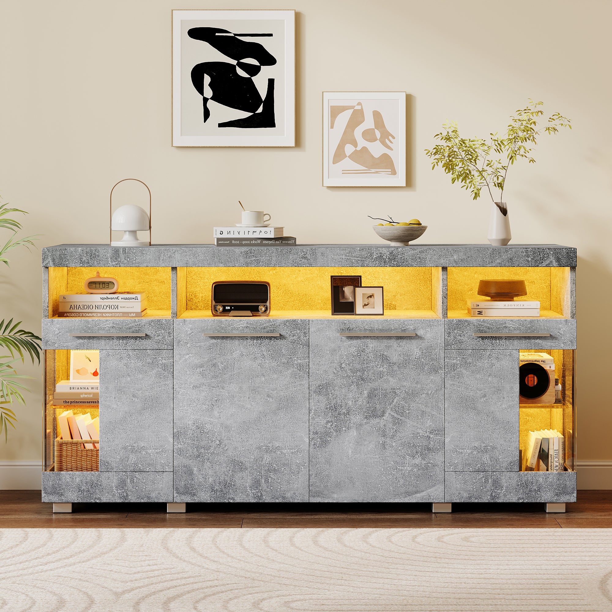 Buffet Salon Brillant 140x40x70cm Avec LED - 4 Tiroirs, 2 Portes, éclairage Réglable Par Appli, Blanc Et Bois
