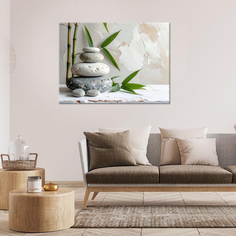 Obraz nowoczesny do salonu, Kamienie zen spa liście bambusa w beżu 100x70 - 2