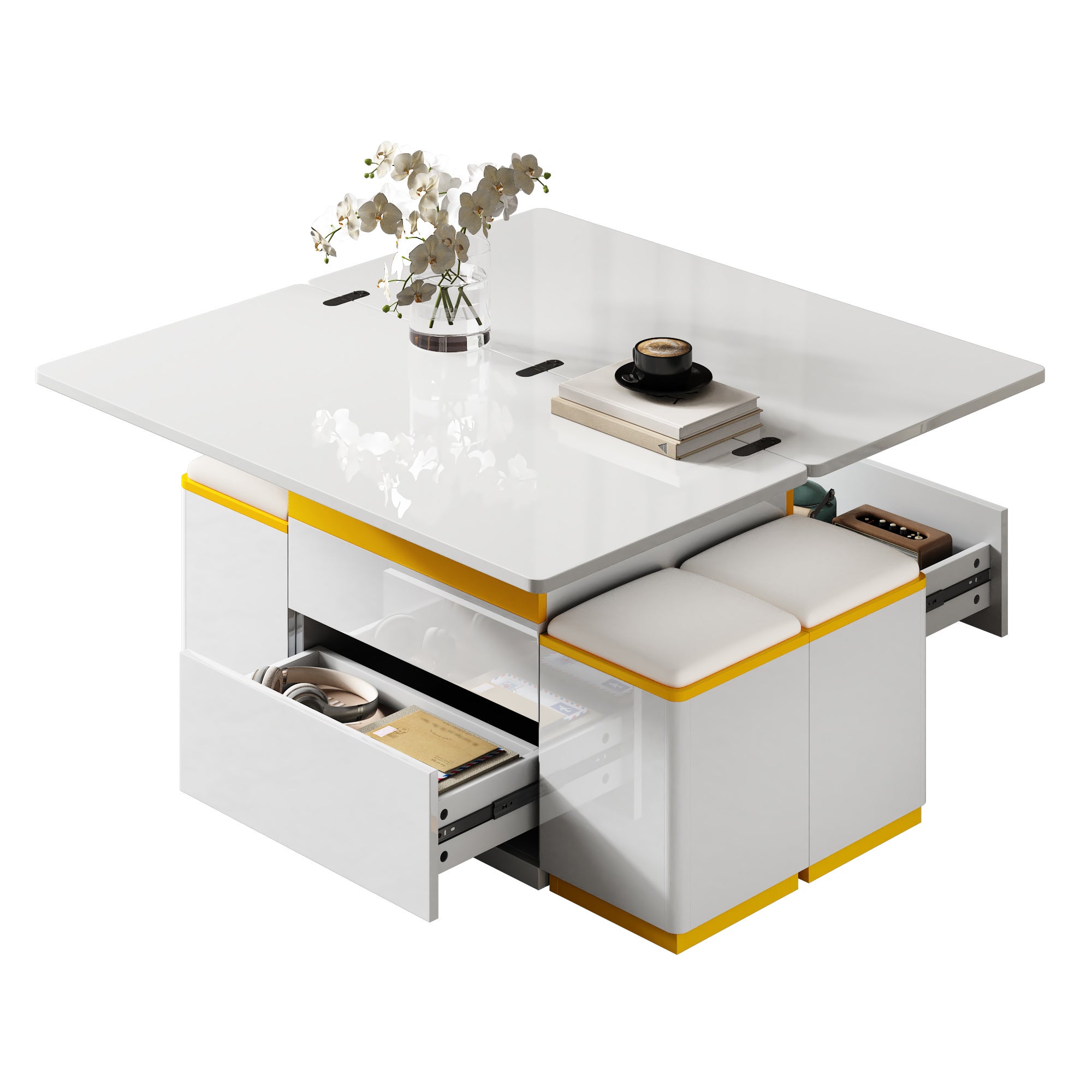 Stolik kawowy z podnoszonym blatem, 4 krzesłami i 2 szufladami – 100 x 50 x 43 cm – Płyta wiórowa + MDF – Kolor biały - 2