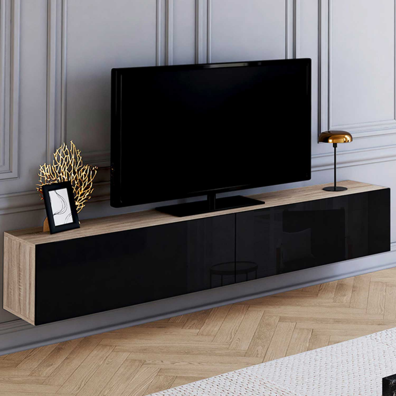 Meuble TV Mural LED 180 Cm - Noir Et Blanc Brillant - Portes Rainurées - Éclairage 16 Couleurs - Design Moderne