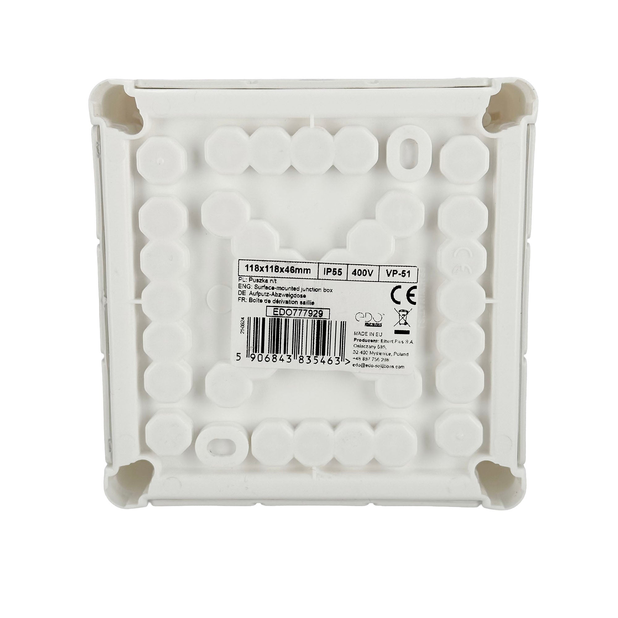 Puszka natynkowa hermetyczna 118x118x46mm 12-wlotowa, z dławikami gumowymi, IP55 zamknięcie 