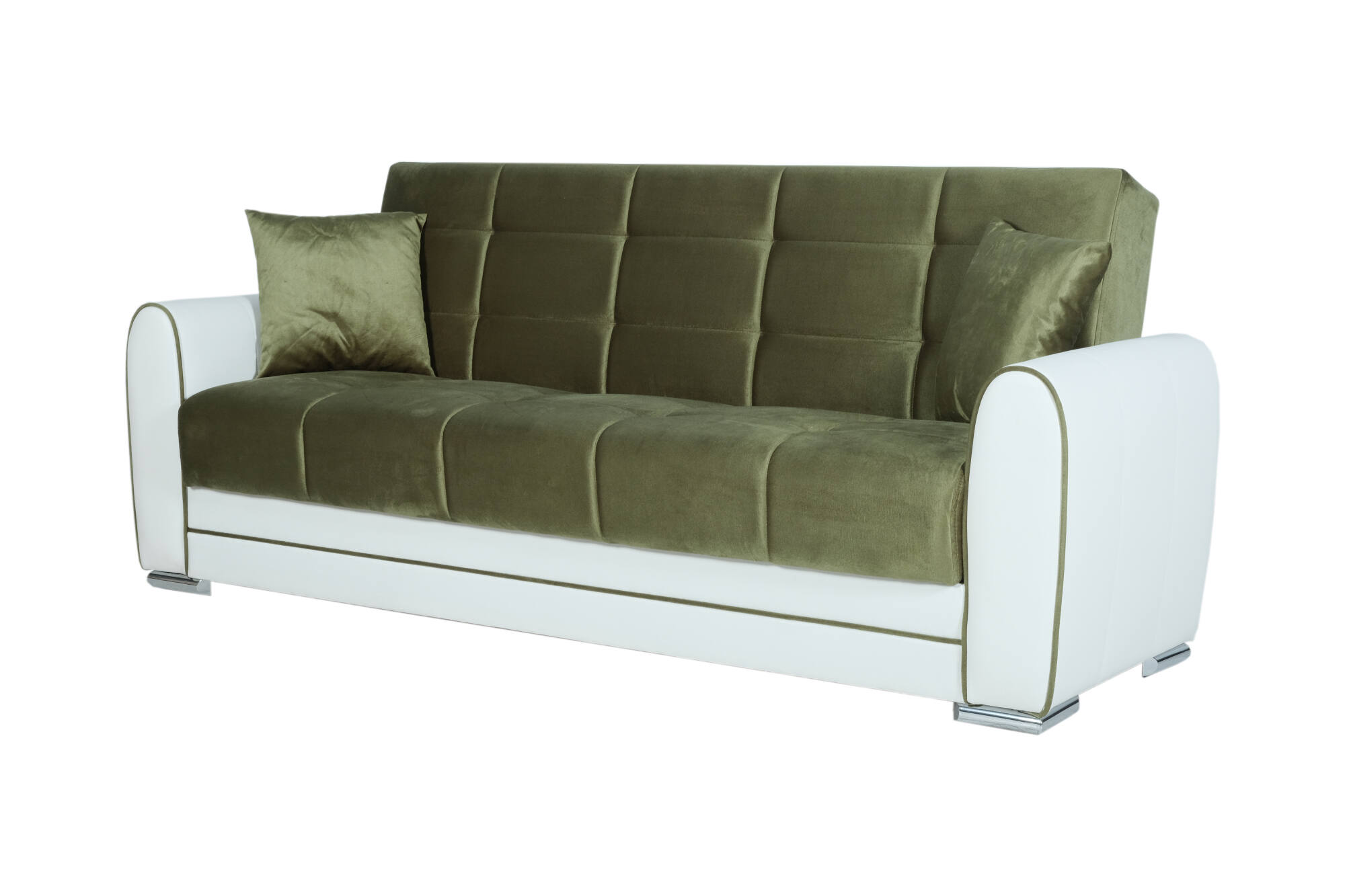 Sofá cama 3 plazas luis, sofá contenedor en ecopiel y tela, sofá de salón con apertura click-clack, 220x84h91 cm, blanco y verde