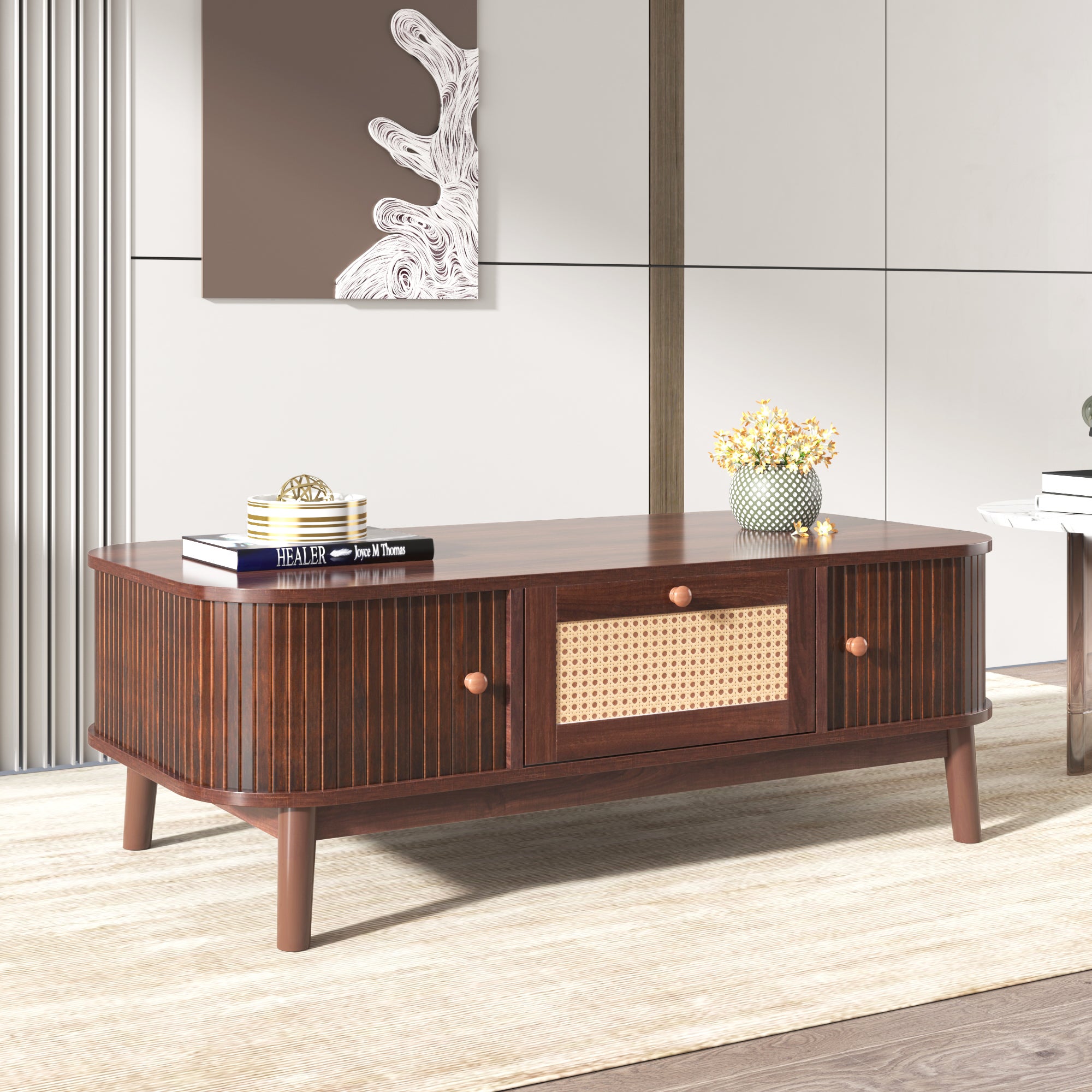 Table basse, Table d'appoint avec tiroirs en rotin et portes coulissantes, Pieds en bois massif, Marron - 4