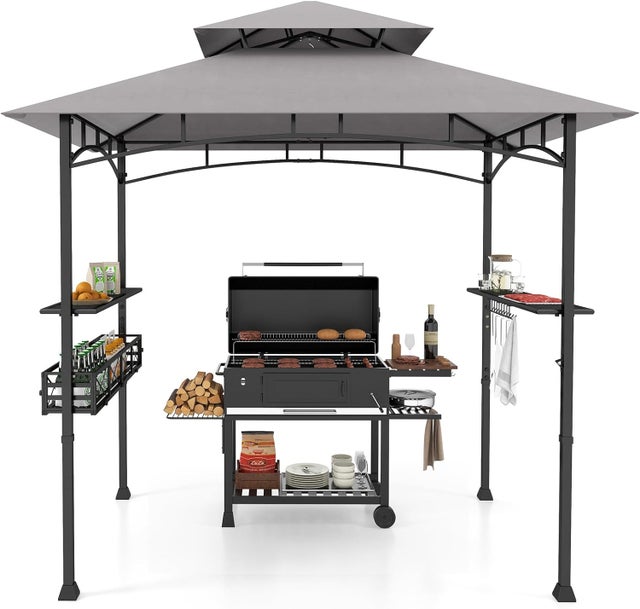 Gazebo per Griglia da Esterno di 242x153cm, Tenda a Doppio Strato con 2 Ripiani Laterali, 20 Ganci, Apribottiglie e Cestino Portaoggetti, Gazebo a