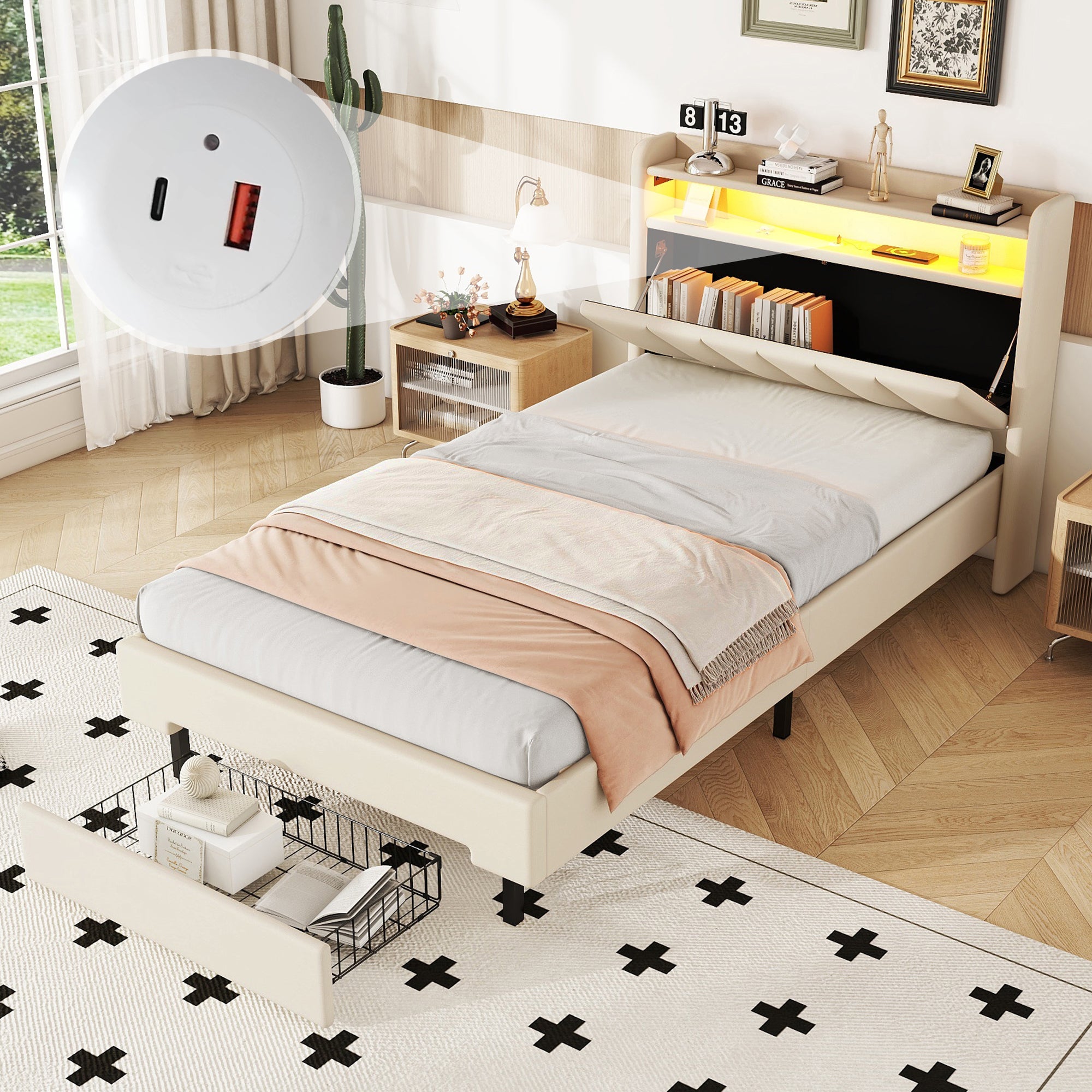 Lit capitonné 90 x 200 cm avec 2 tiroirs, prise USB et LEDs tête de — free download