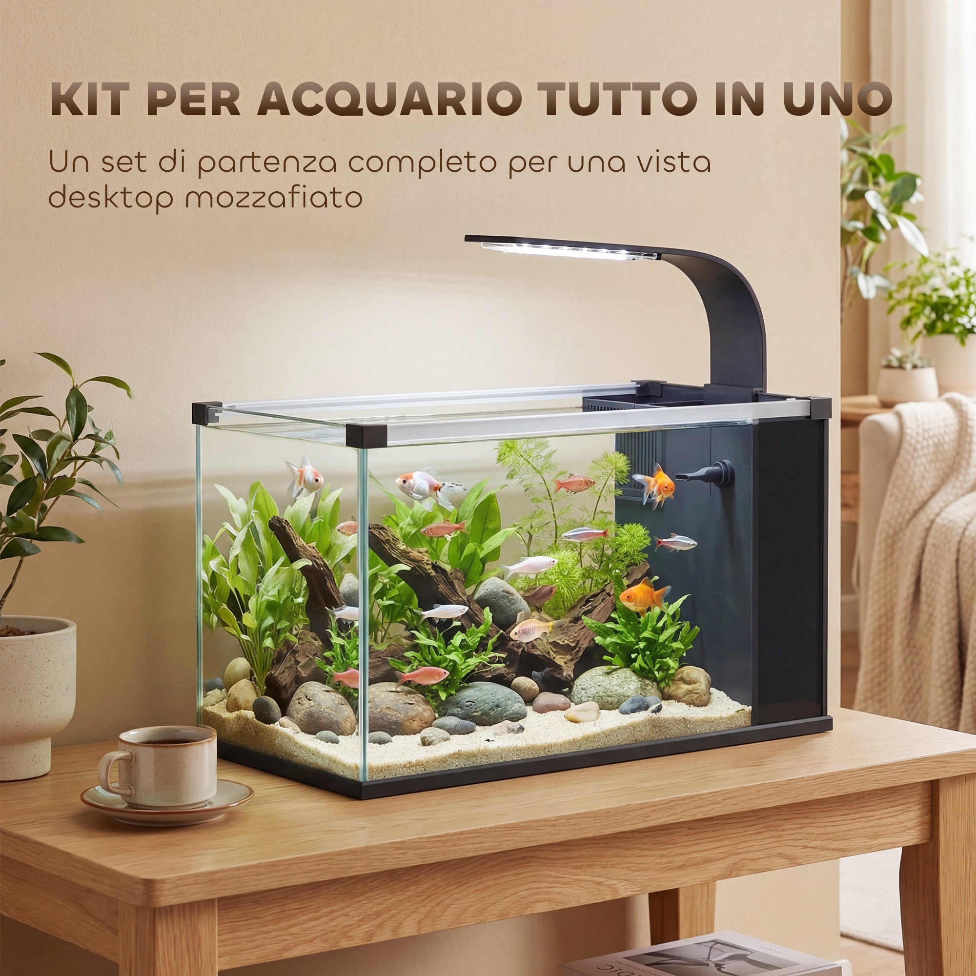 Acuario de vidrio templado de 24 litros con filtro, luz LED y bomba de agua. - 6