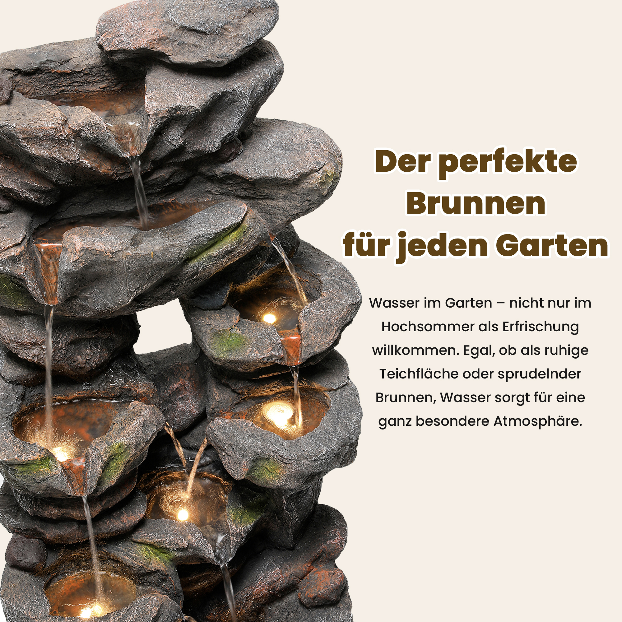 Fontaine de jardin LED décorative avec pompe 16 W - Résine effet pierre naturelle - 46 x 36 x 90 cm - Gris - Idéale terrasse, jardin ou balcon - 5
