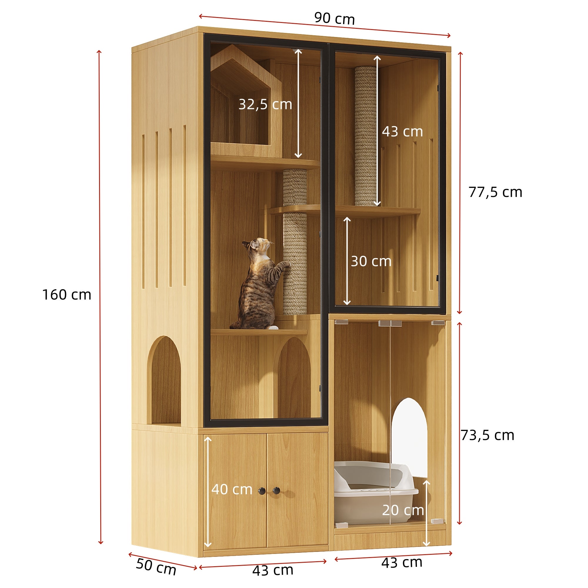 Cage pour chat 4 niveaux avec 4 portes et griffoir - 90 x 50 x 160 cm - MDF + verre - Couleur jaune - 5