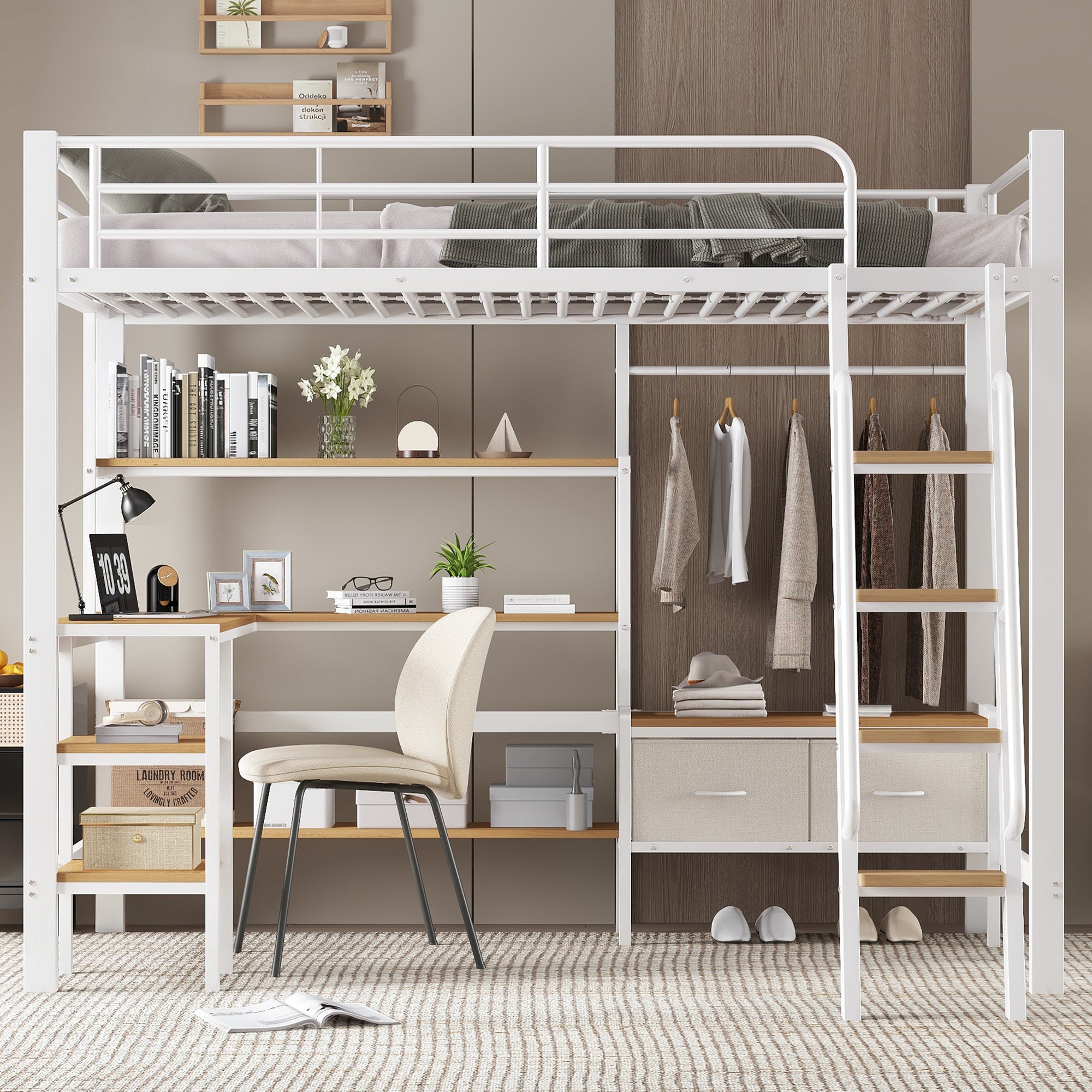 Łóżko piętrowe 90x200 cm - z biurkiem i półką - z wieszakiem i 2 pojemnikami - Metal + MDF - Biały + Naturalny