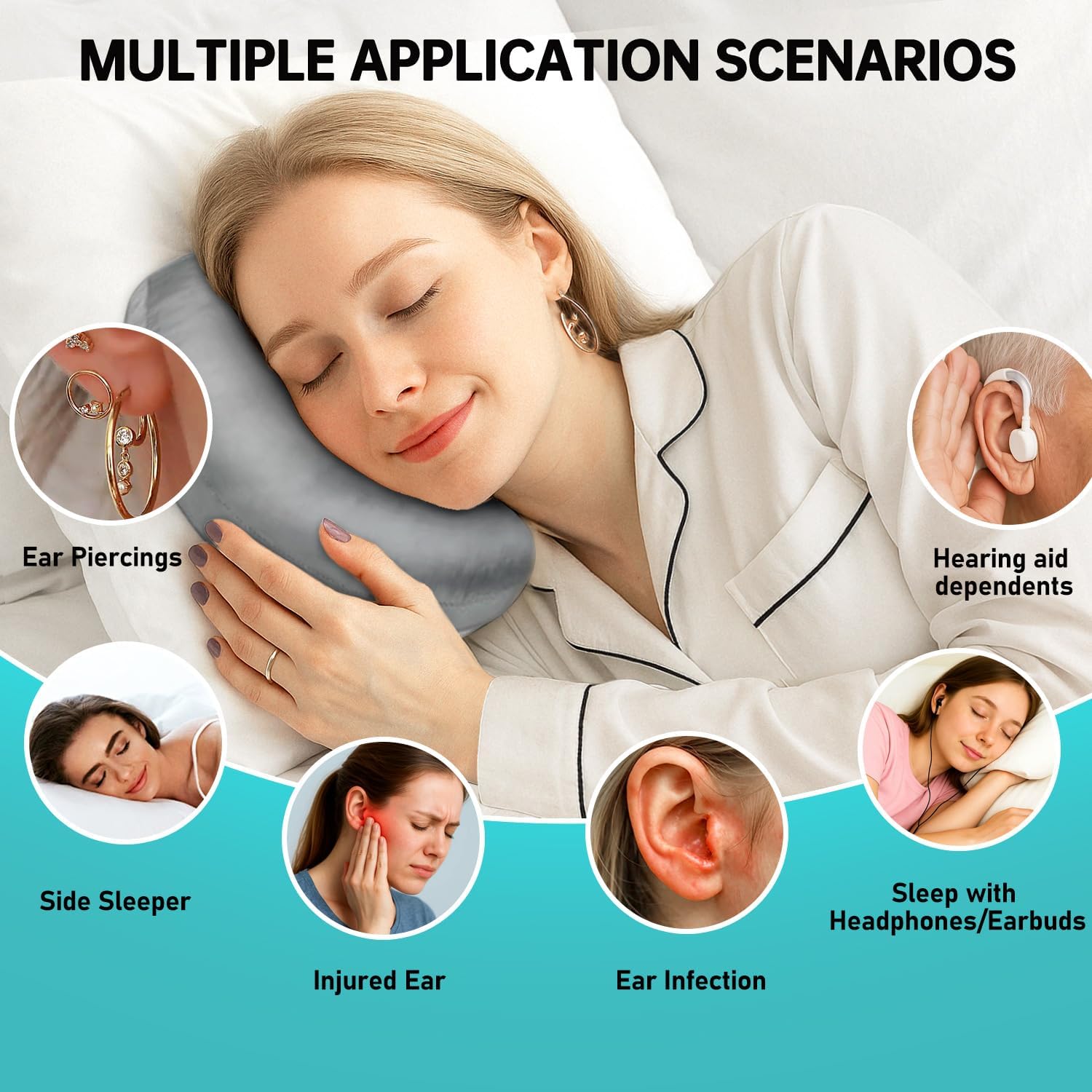 Coussin de piercing d'oreille pour les personnes dormant sur le côté – Oreiller de piercing en satin soyeux et masque pour les yeux avec trou d'oreill - 4